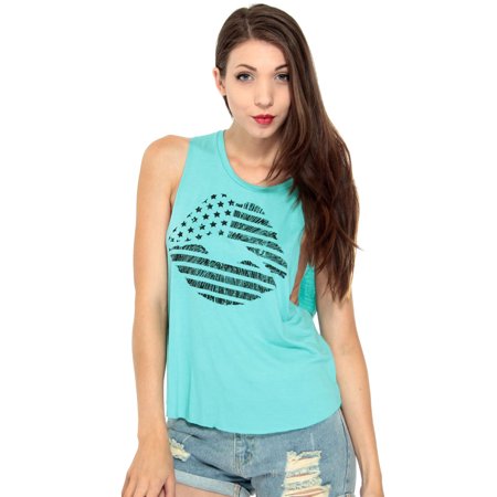 Juniors Casual Loose Fit Tank W/ American Flag Lips, Mint, M