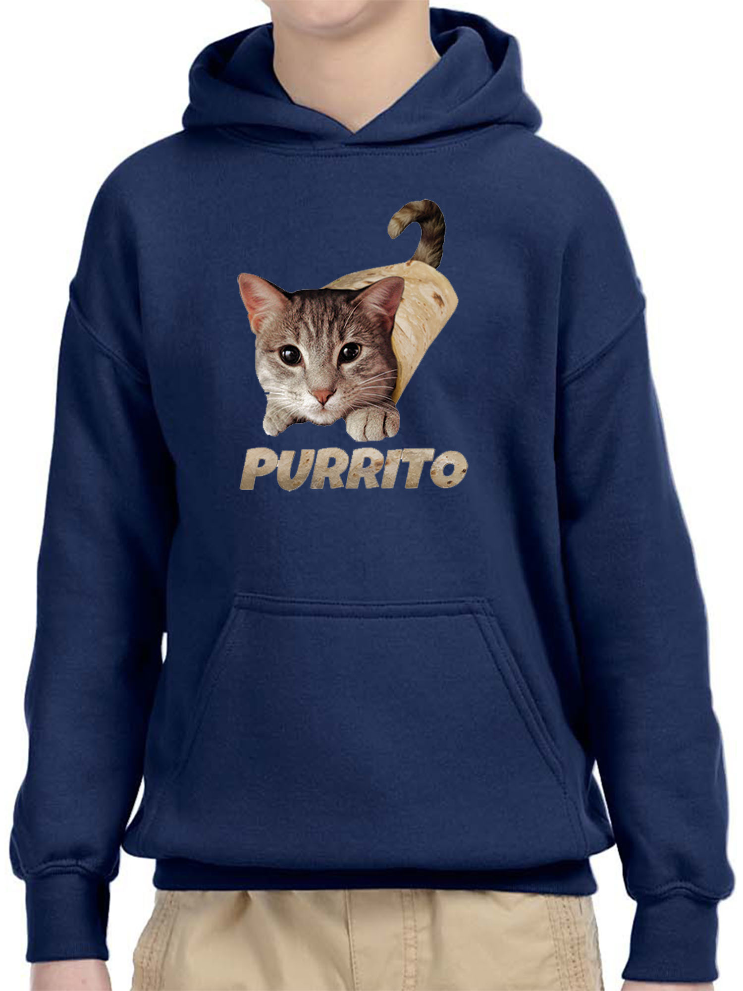 Trendy USA 1507 - Youth Hoodie Purrito Burrito Kitty Cat Lovers Taco Spicy Funny Unisex Pullover Sweatshirt Large Navy