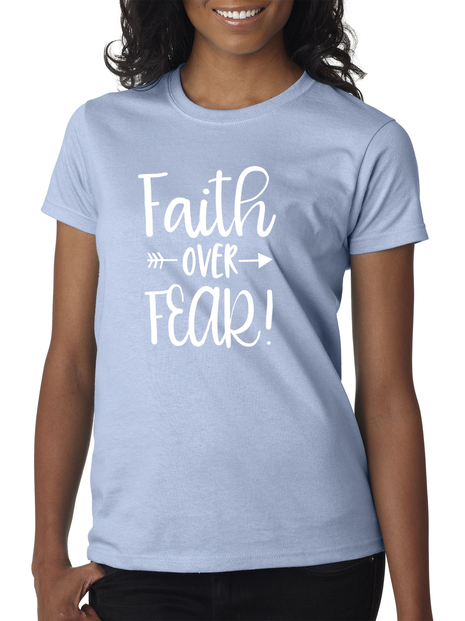 Trendy USA 1253 - Women's T-Shirt Faith Over Fear Script Large Light Blue