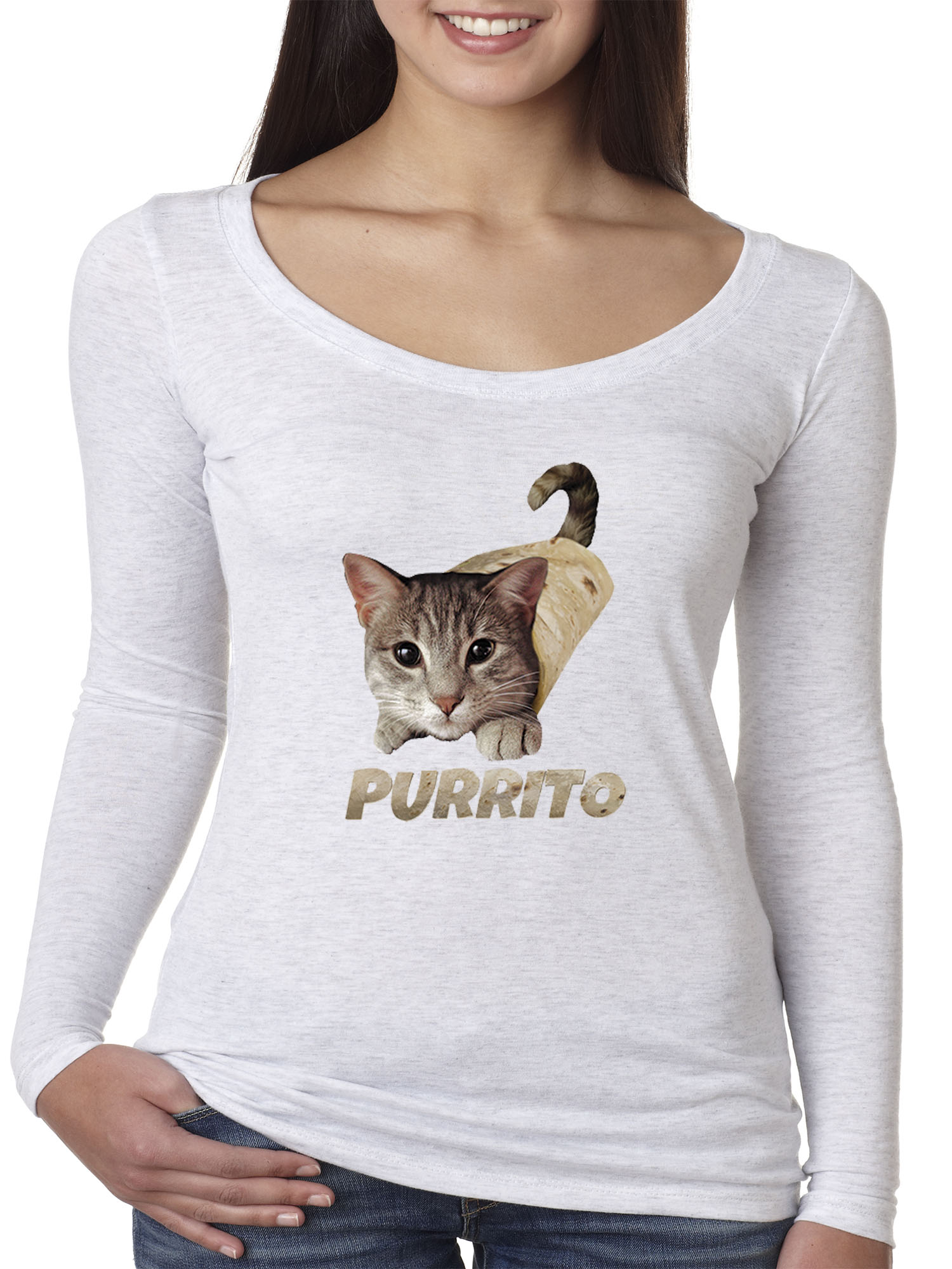 Trendy USA 1507 - Women's Long Sleeve T-Shirt Purrito Burrito Kitty Cat Lovers Taco Spicy Funny Medium White