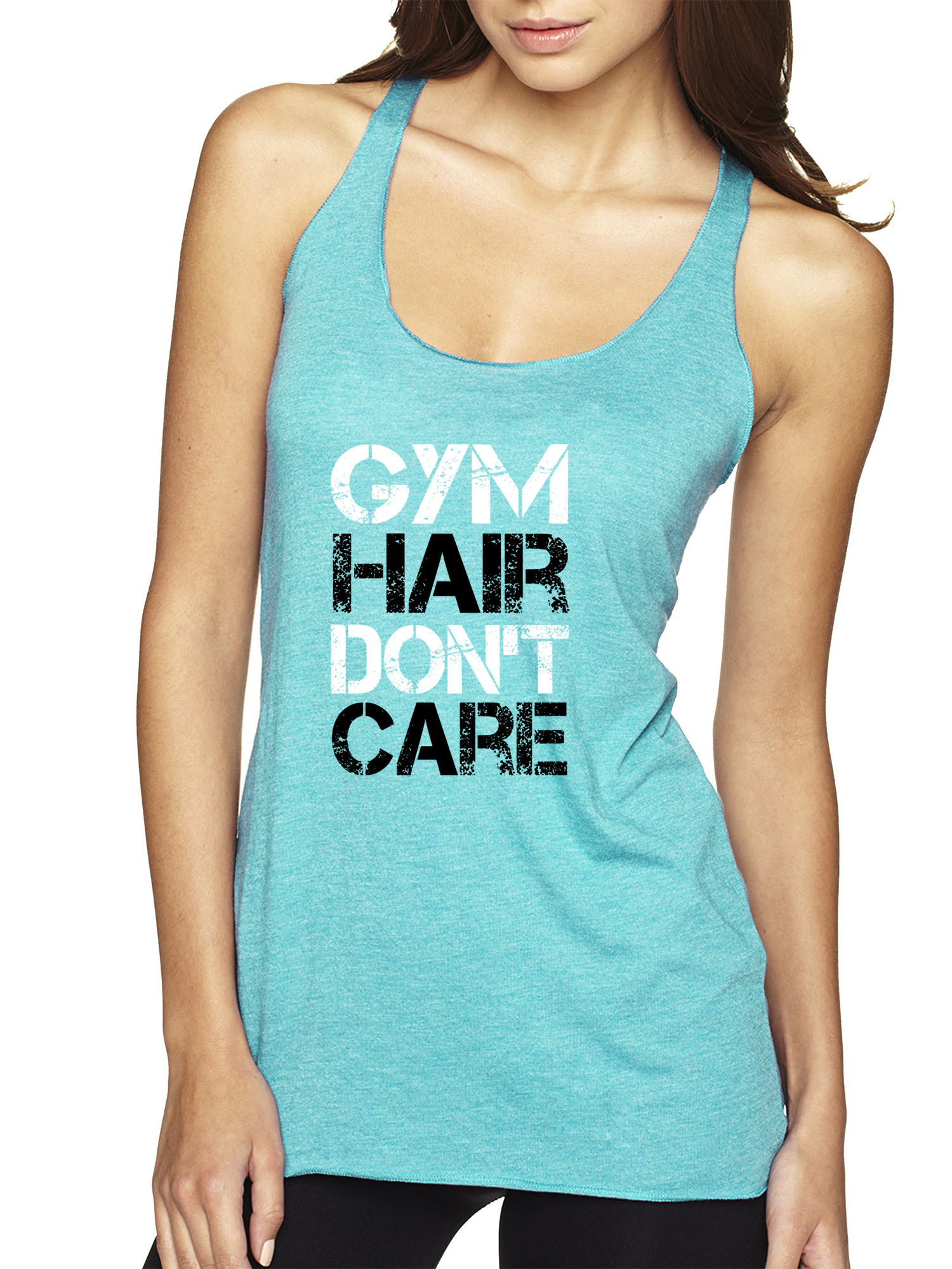 Trendy USA 1455 - Women's Tank-Top Gym Hair Don't Care Workout Exercise Fitness Health XL Tahiti Blue