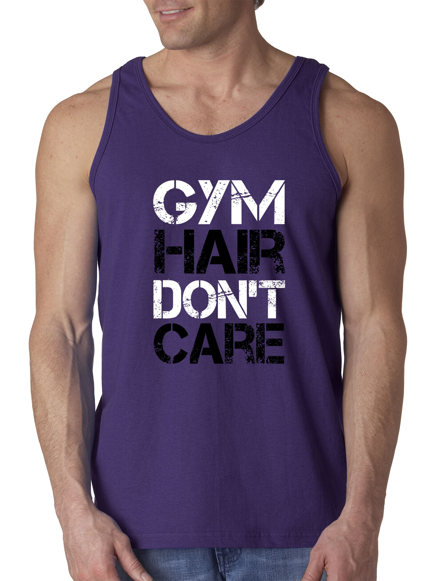 Trendy USA 1455 - Men's Tank-Top Gym Hair Don't Care Workout Exercise Fitness Health Small Purple
