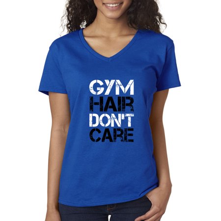 Trendy USA 1455 - Women's V-Neck T-Shirt Gym Hair Don't Care Workout Exercise Fitness Health 2XL Royal Blue