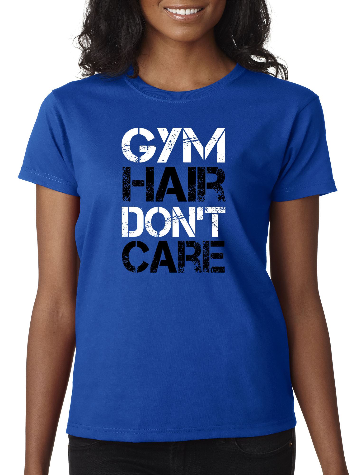 Trendy USA 1455 - Women's T-Shirt Gym Hair Don't Care Workout Exercise Fitness Health XL Royal Blue