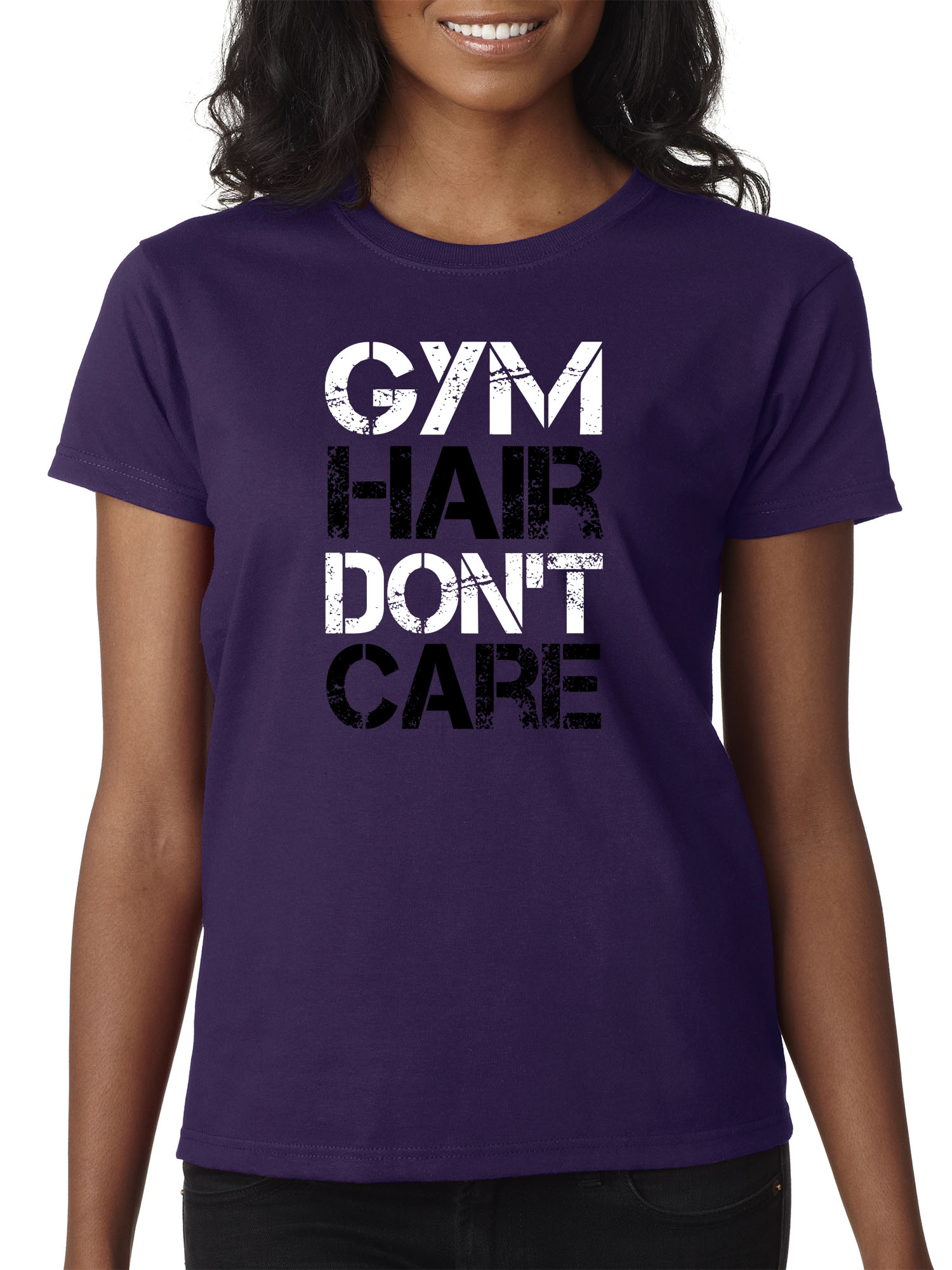 Trendy USA 1455 - Women's T-Shirt Gym Hair Don't Care Workout Exercise Fitness Health Large Purple