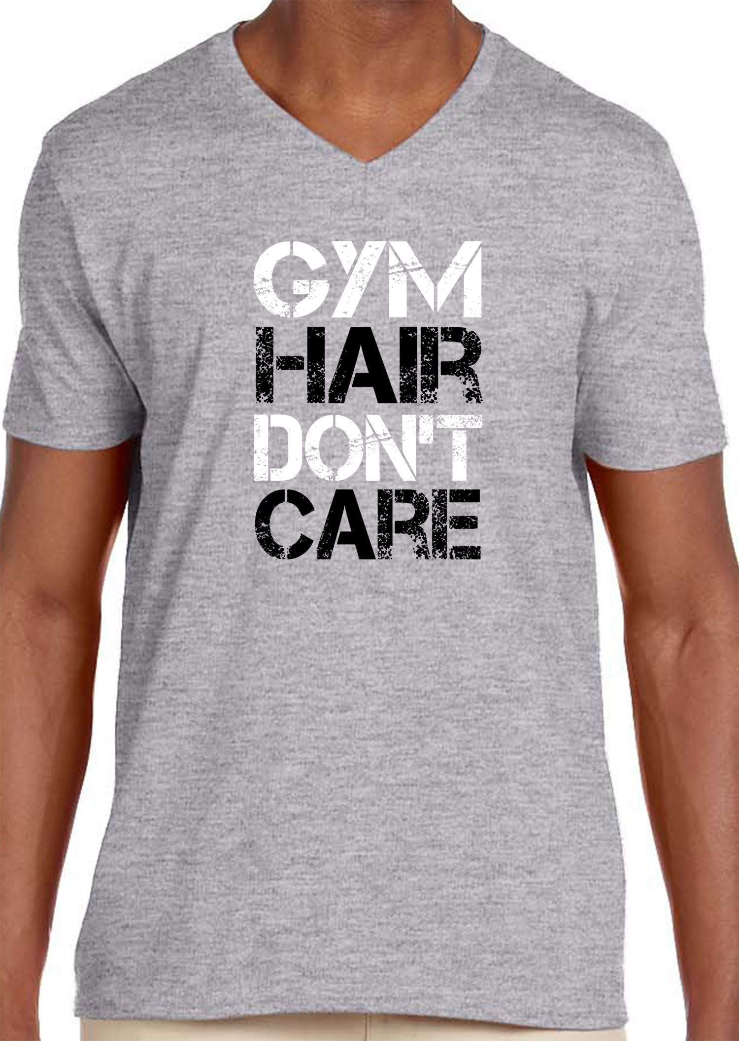Trendy USA 1455 - Men's V-Neck T-Shirt Gym Hair Don't Care Workout Exercise Fitness Health 2XL Heather Grey