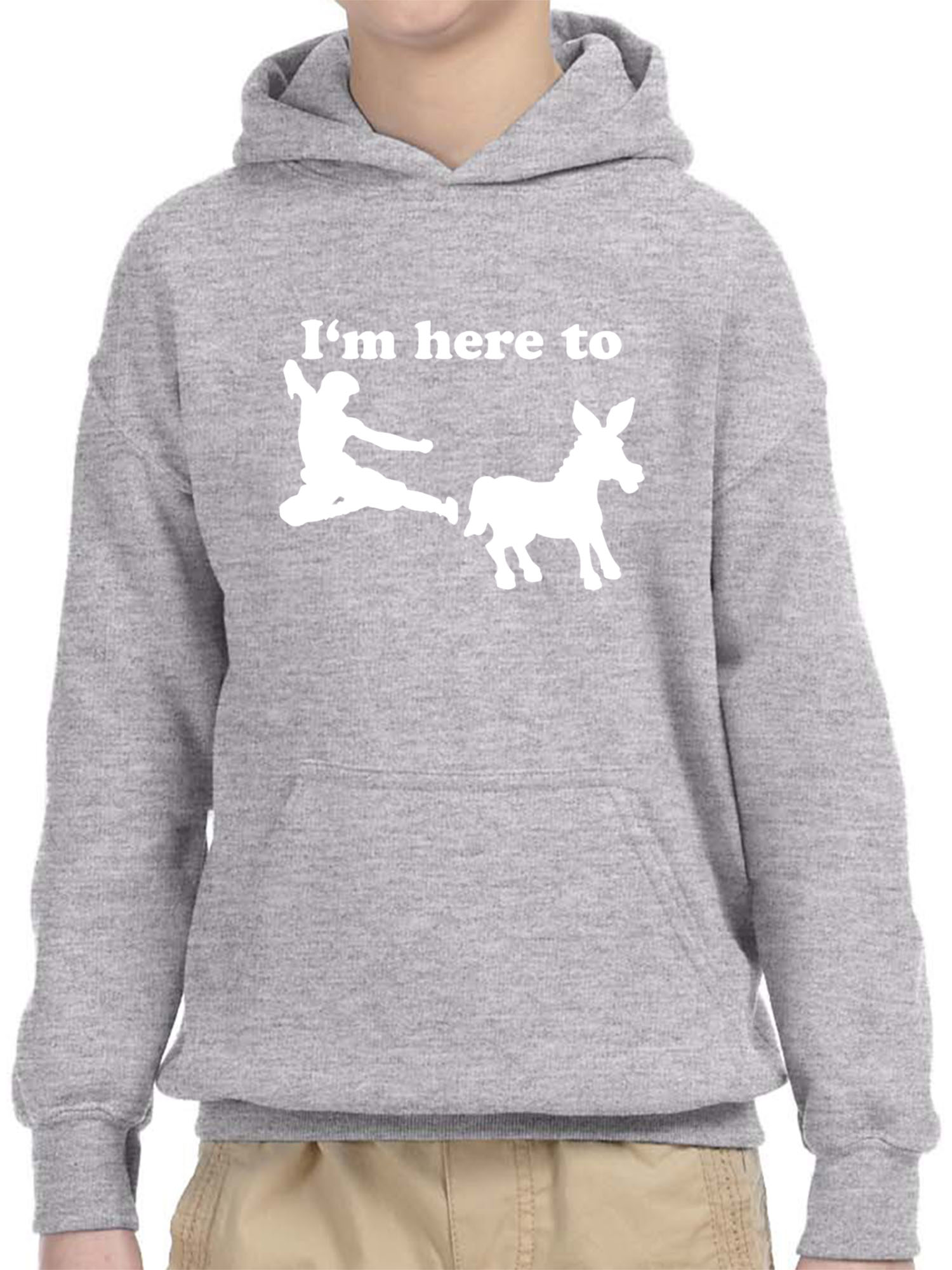 Trendy USA 1229 - Youth Hoodie I'm Here to Kick Ass Karate Donkey Unisex Pullover Sweatshirt Medium Heather Grey