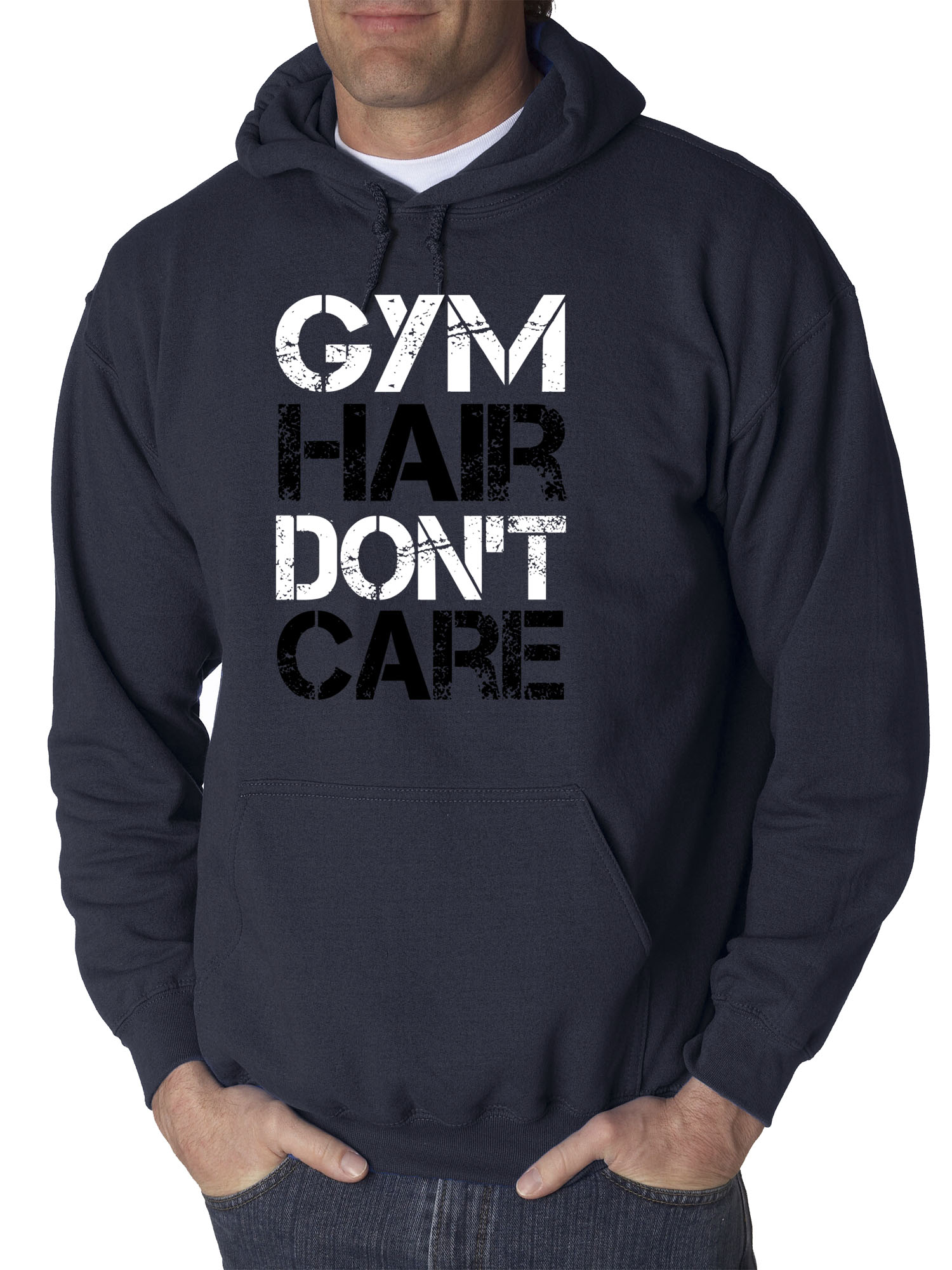 Trendy USA 1455 - Adult Hoodie Gym Hair Don't Care Workout Exercise Fitness Health Sweatshirt Small Navy