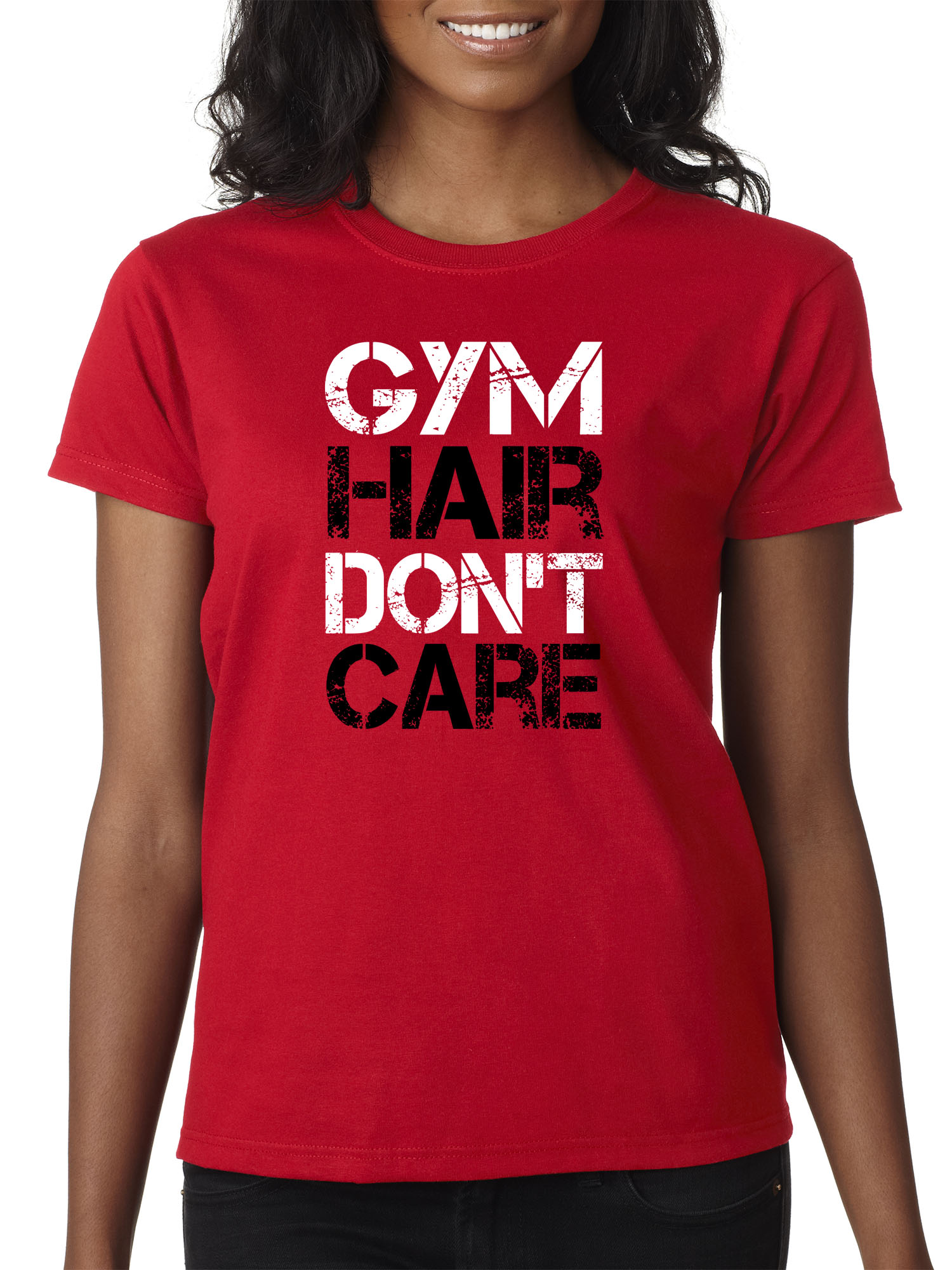 Trendy USA 1455 - Women's T-Shirt Gym Hair Don't Care Workout Exercise Fitness Health Small Red