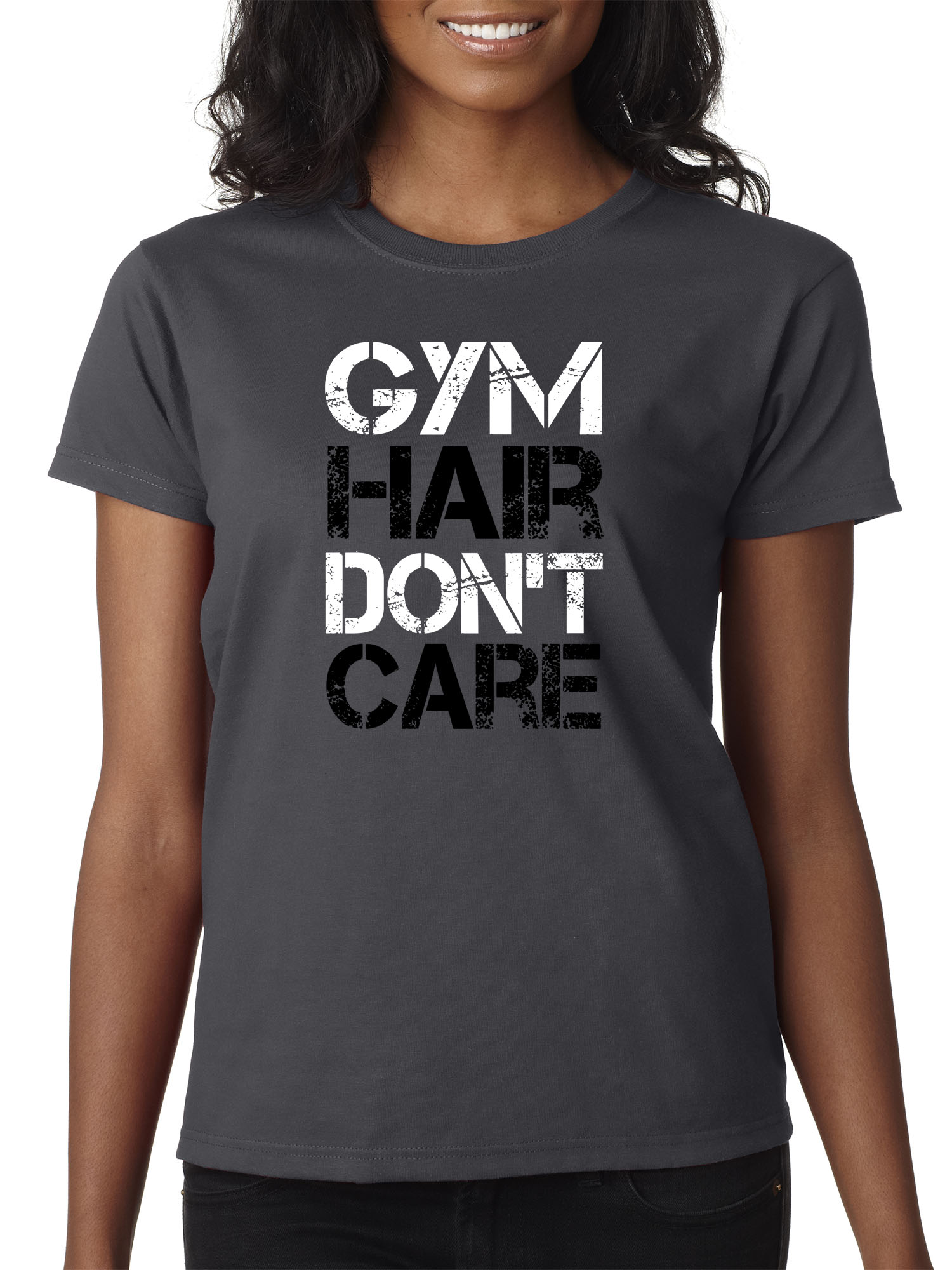 Trendy USA 1455 - Women's T-Shirt Gym Hair Don't Care Workout Exercise Fitness Health Large Charcoal