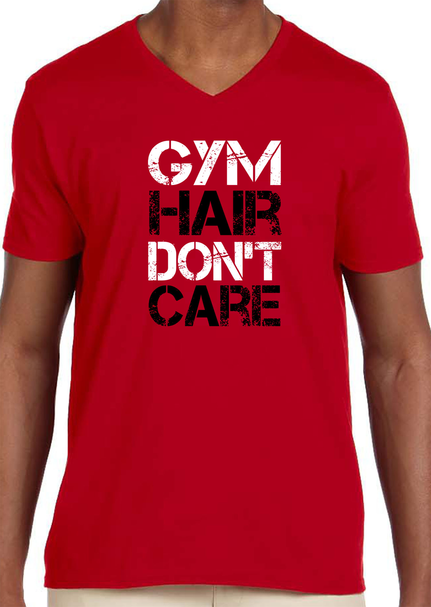 Trendy USA 1455 - Men's V-Neck T-Shirt Gym Hair Don't Care Workout Exercise Fitness Health XL Red
