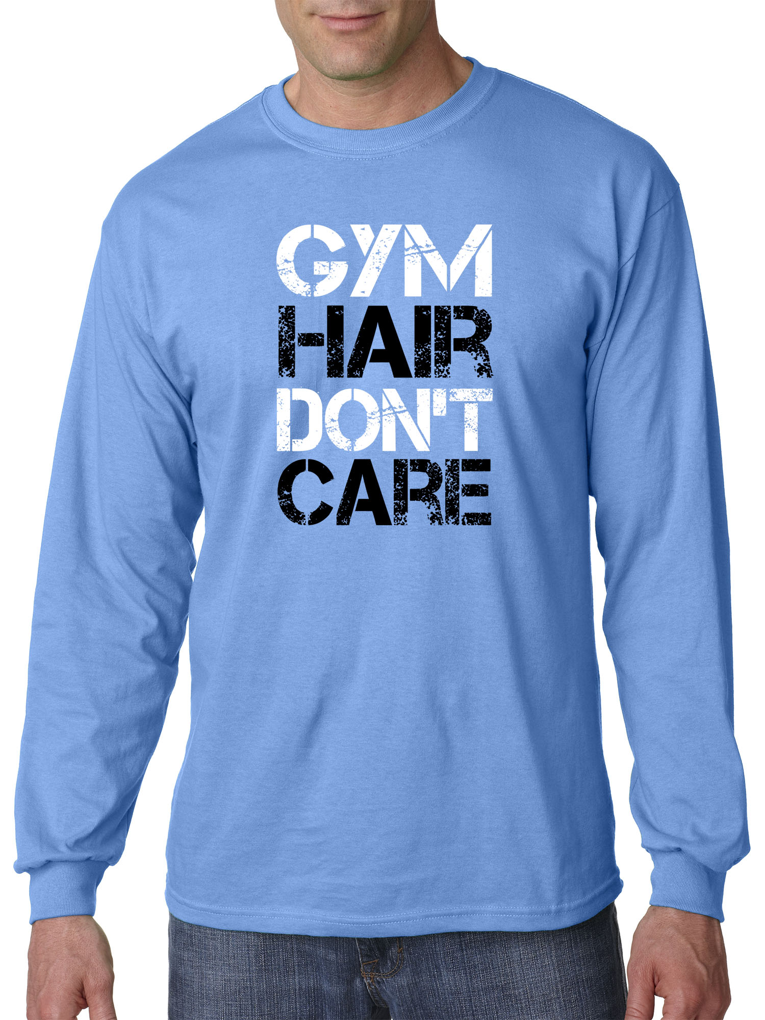 Trendy USA 1455 - Unisex Long-Sleeve T-Shirt Gym Hair Don't Care Workout Exercise Fitness Health XL Carolina Blue