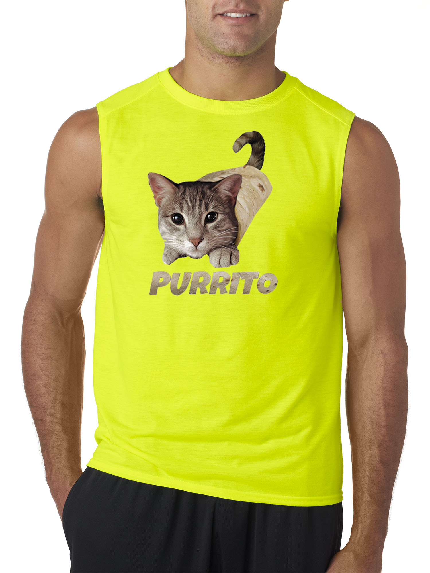 Trendy USA 1507 - Men's Sleeveless Purrito Burrito Kitty Cat Lovers Taco Spicy Funny 2XL Safety Green