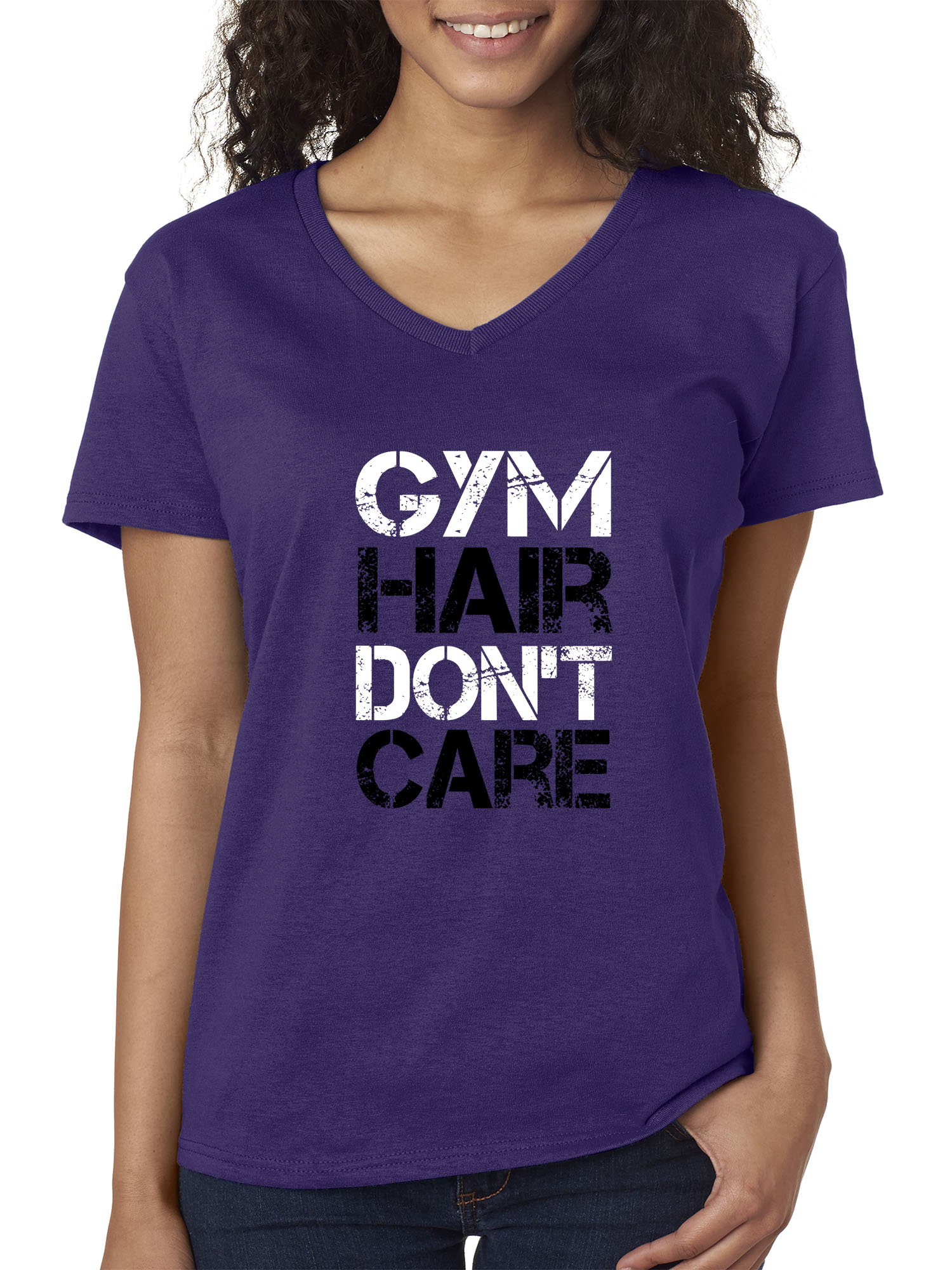 Trendy USA 1455 - Women's V-Neck T-Shirt Gym Hair Don't Care Workout Exercise Fitness Health Small Purple