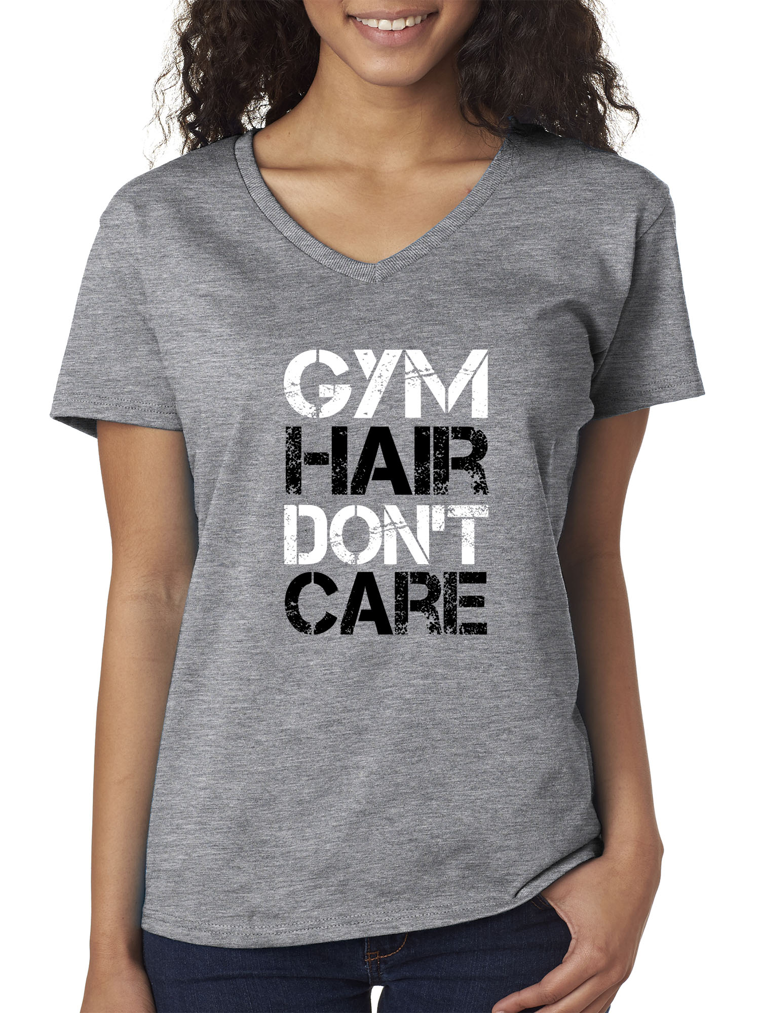 Trendy USA 1455 - Women's V-Neck T-Shirt Gym Hair Don't Care Workout Exercise Fitness Health Large Heather Grey