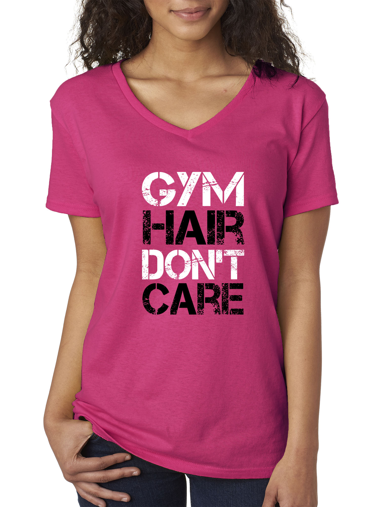 Trendy USA 1455 - Women's V-Neck T-Shirt Gym Hair Don't Care Workout Exercise Fitness Health Small Heliconia