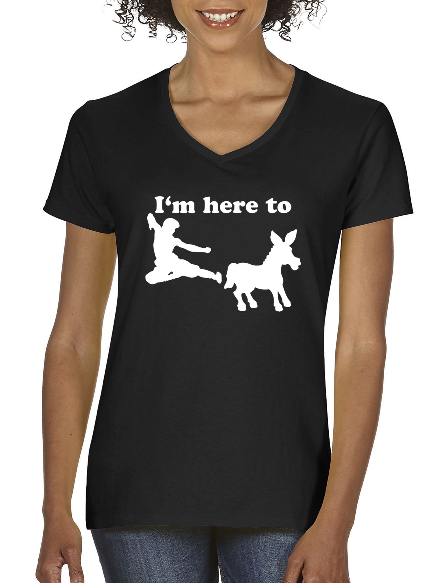 Trendy USA 1229 - Women's V-Neck T-Shirt I'm Here to Kick Ass Karate Donkey XS Black