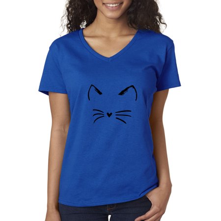 Trendy USA 1128 - Women's V-Neck T-Shirt Cat Whiskers Silhouette Heart Nose Medium Royal Blue