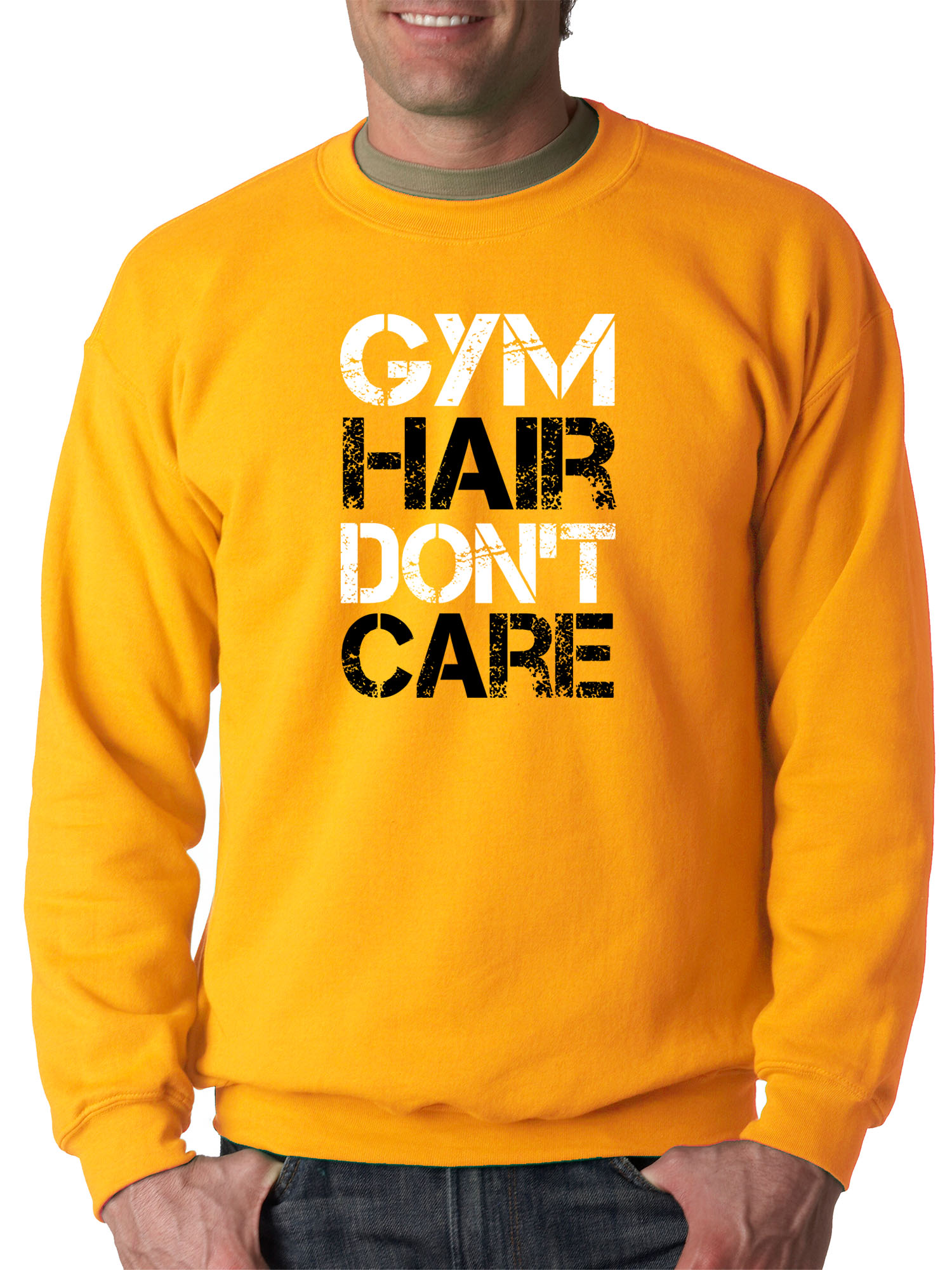 Trendy USA 1455 - Crewneck Gym Hair Don't Care Workout Exercise Fitness Health Sweatshirt Small Gold