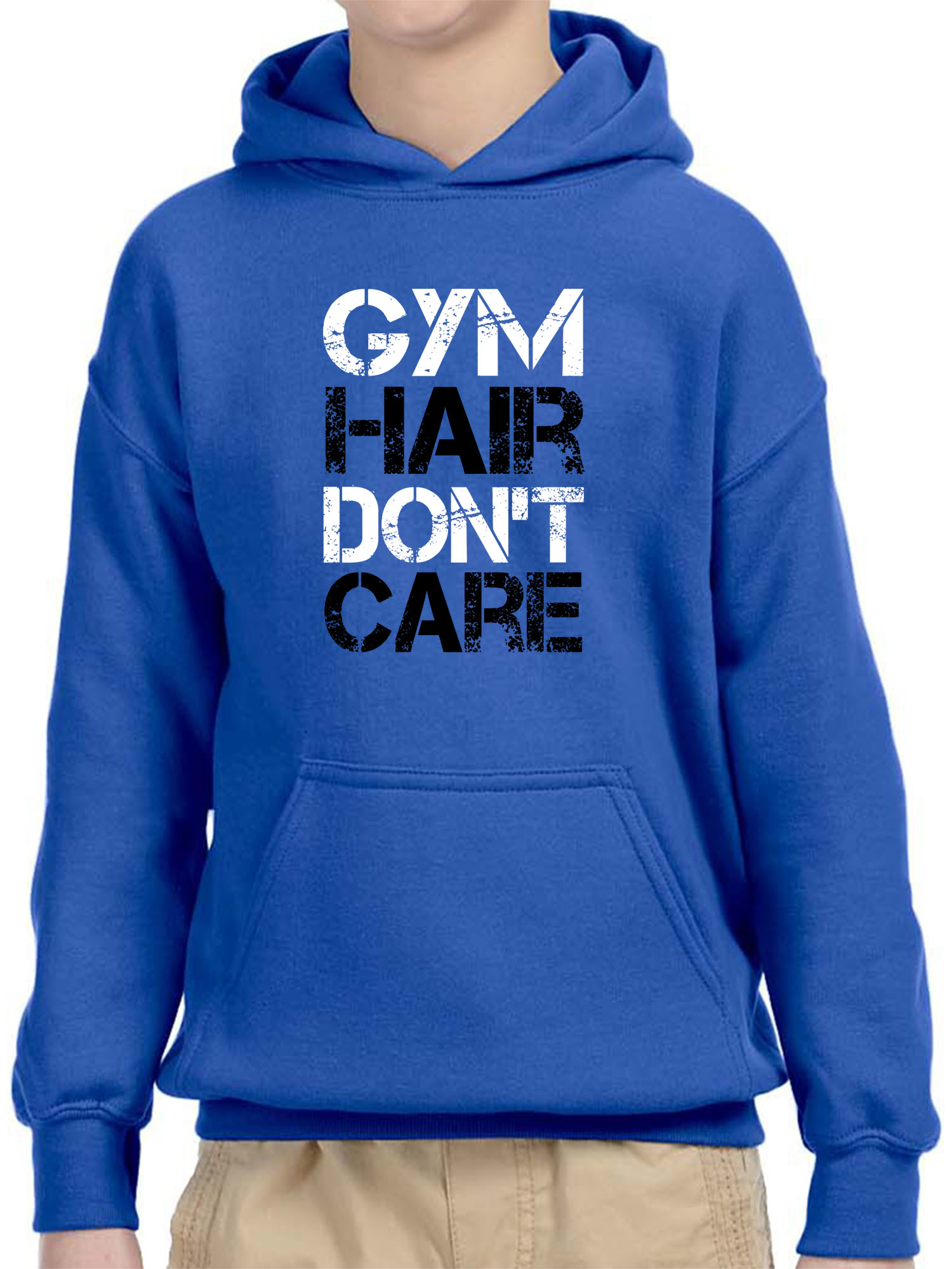 Trendy USA 1455 - Youth Hoodie Gym Hair Don't Care Workout Exercise Fitness Health Unisex Pullover Sweatshirt Large Royal Blue