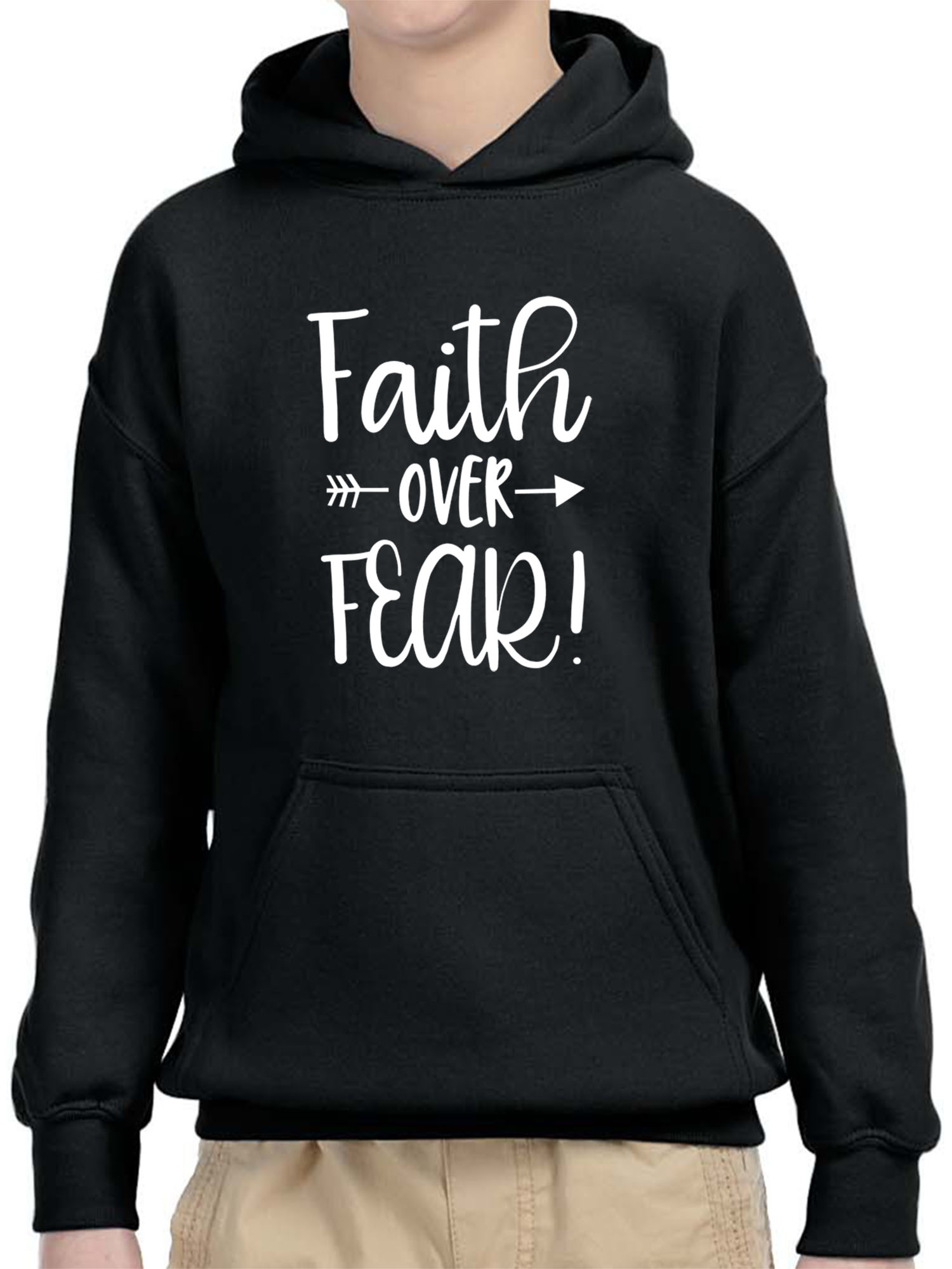 Trendy USA 1253 - Youth Hoodie Faith Over Fear Script Unisex Pullover Sweatshirt XL Black