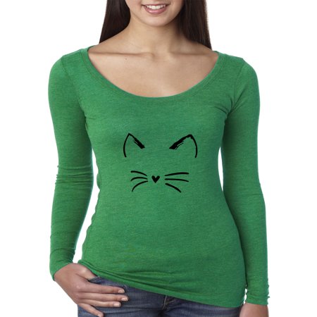 Trendy USA 1128 - Women's Long Sleeve T-Shirt Cat Whiskers Silhouette Heart Nose Medium Envy