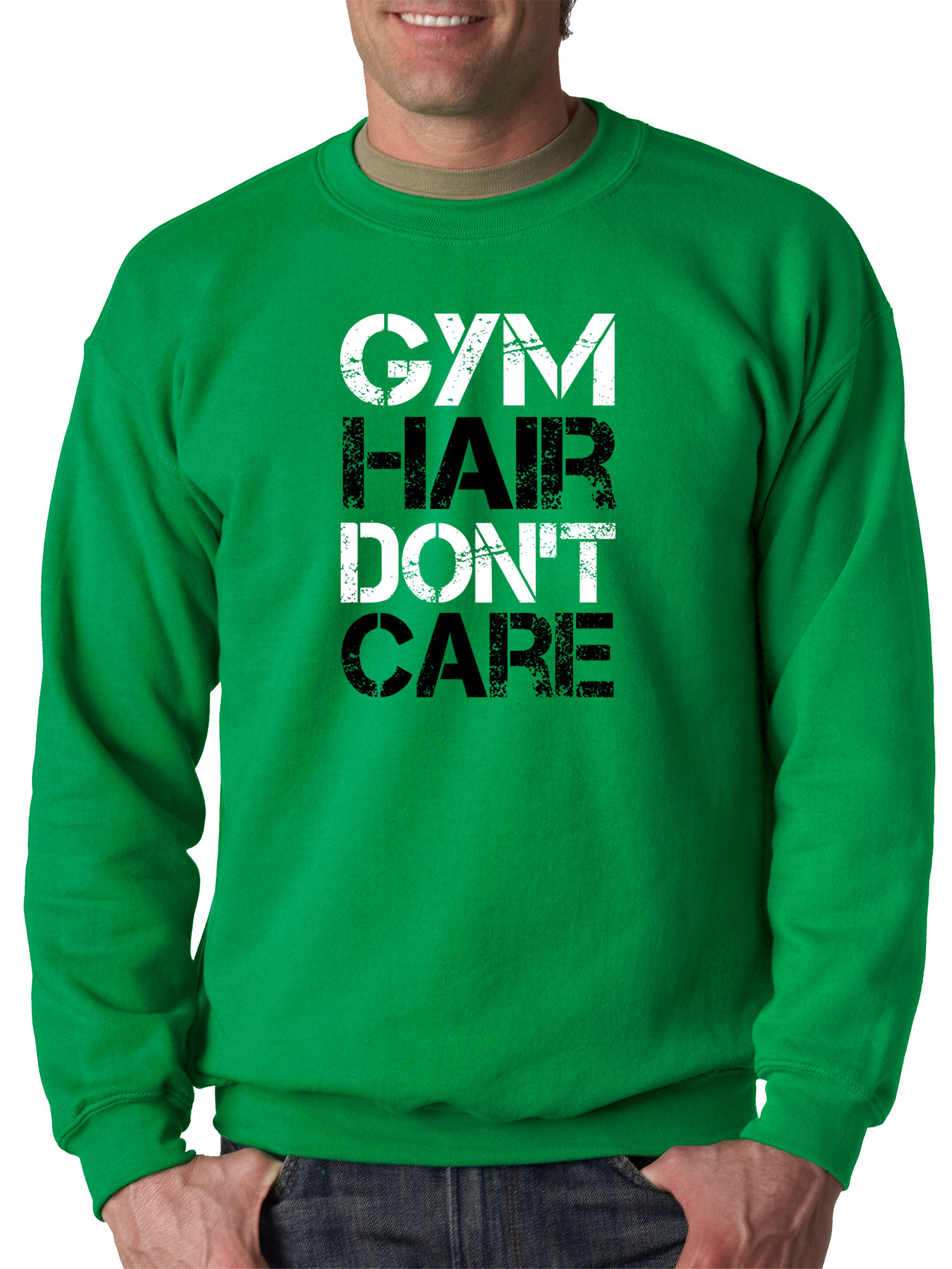 Trendy USA 1455 - Crewneck Gym Hair Don't Care Workout Exercise Fitness Health Sweatshirt Large Kelly Green