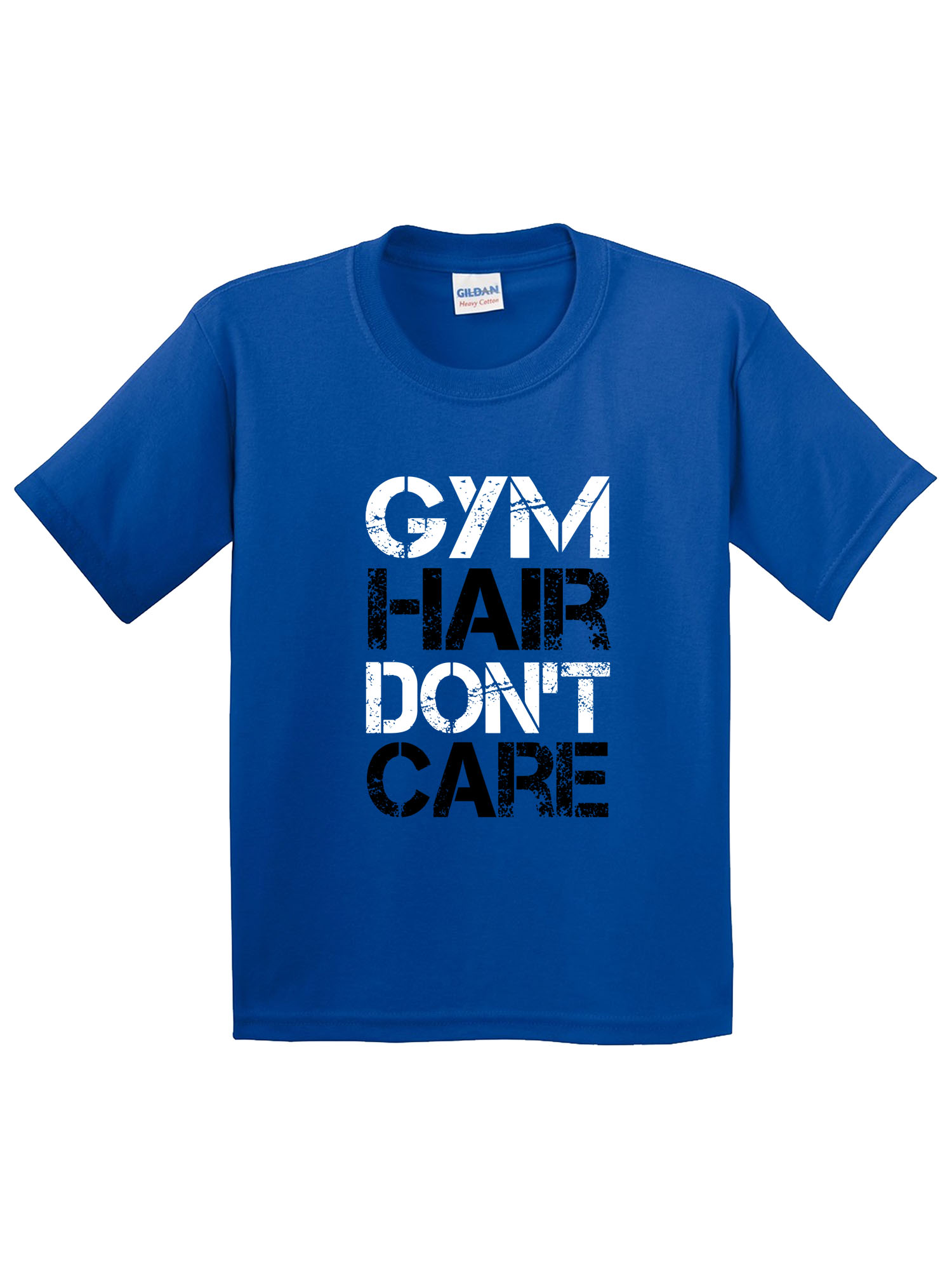 Trendy USA 1455 - Youth T-Shirt Gym Hair Don't Care Workout Exercise Fitness Health Small Royal Blue