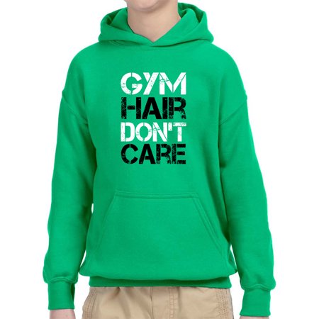 Trendy USA 1455 - Youth Hoodie Gym Hair Don't Care Workout Exercise Fitness Health Unisex Pullover Sweatshirt Large Kelly Green