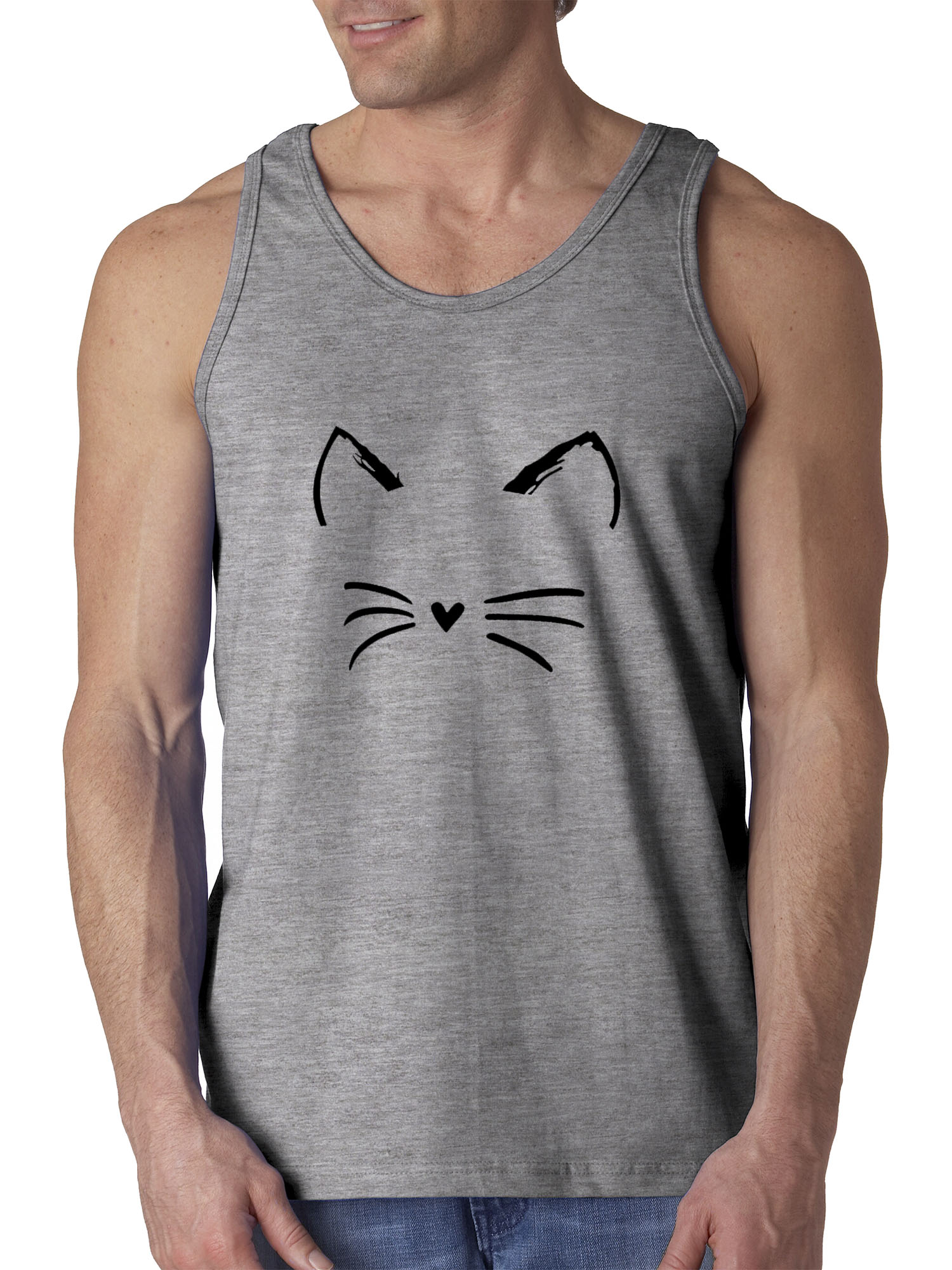 Trendy USA 1128 - Men's Tank-Top Cat Whiskers Silhouette Heart Nose 2XL Heather Grey