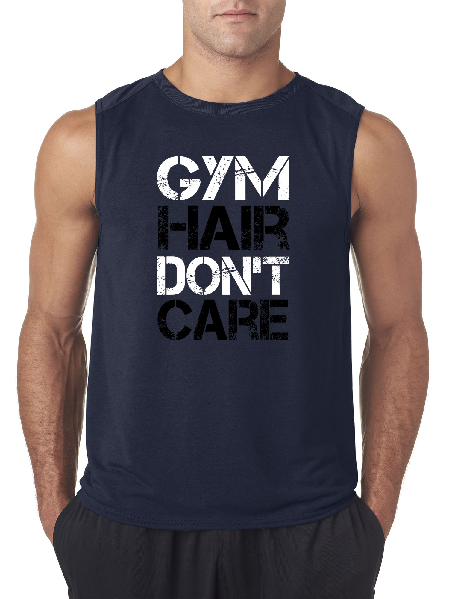 Trendy USA 1455 - Men's Sleeveless Gym Hair Don't Care Workout Exercise Fitness Health 2XL Navy