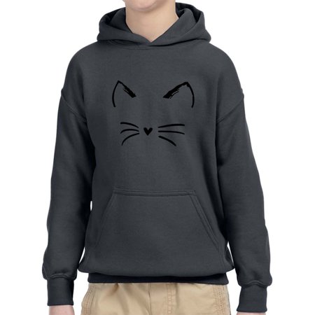 Trendy USA 1128 - Youth Hoodie Cat Whiskers Silhouette Heart Nose Unisex Pullover Sweatshirt Small Charcoal