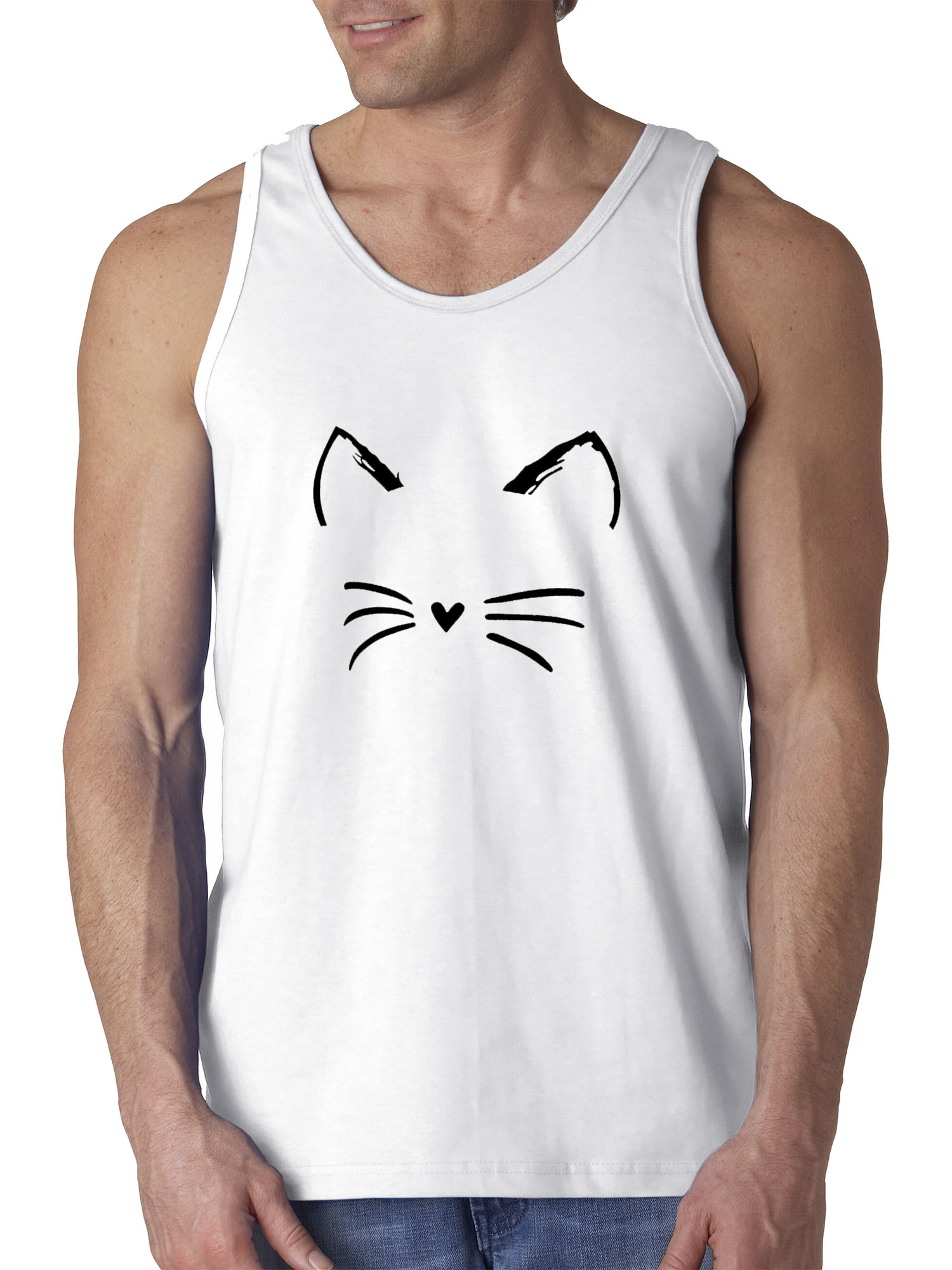 New Way 1128 - Men's Tank-Top Cat Whiskers Silhouette Heart Nose Small White