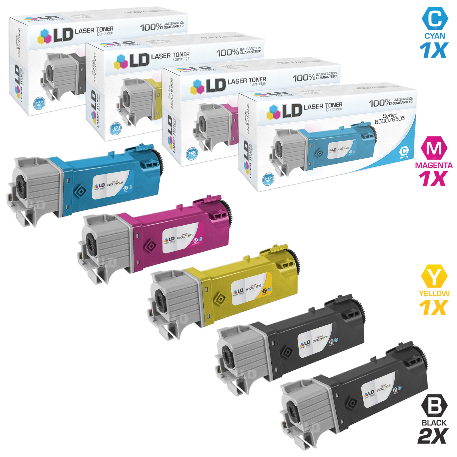 LD Compatible Replacements for Xerox Phaser 6500 & WorkCentre 6505 Set of 5 High Yield Toner Cartridges: 2 106R01597 Black  1 106R01594 Cyan  1 106R01