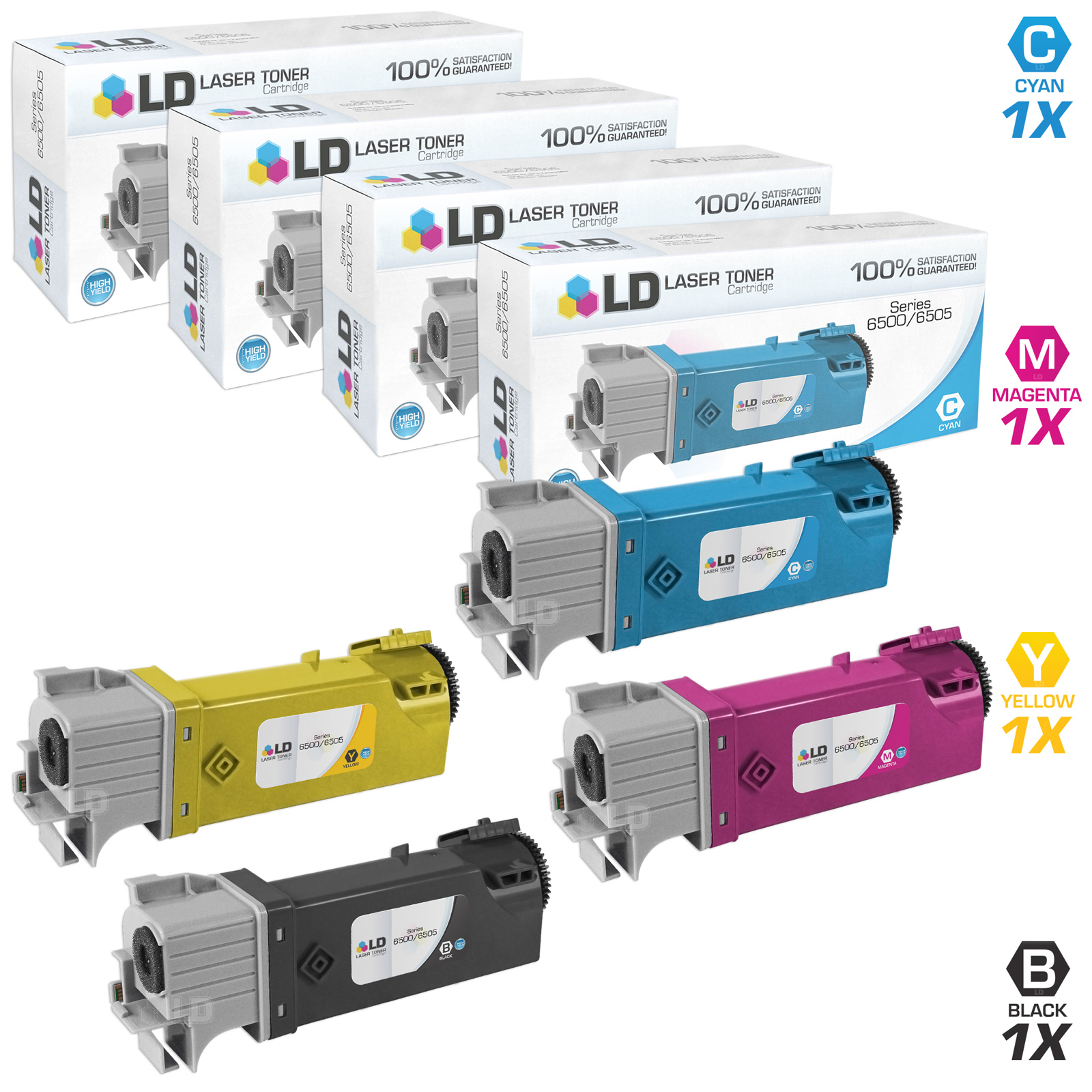 LD Compatible Replacements for Xerox Phaser 6500 & WorkCentre 6505 Set of 5 High Yield Toner Cartridges: 1 106R01597 Black, 1 106R01594 Cyan, 1 106R01