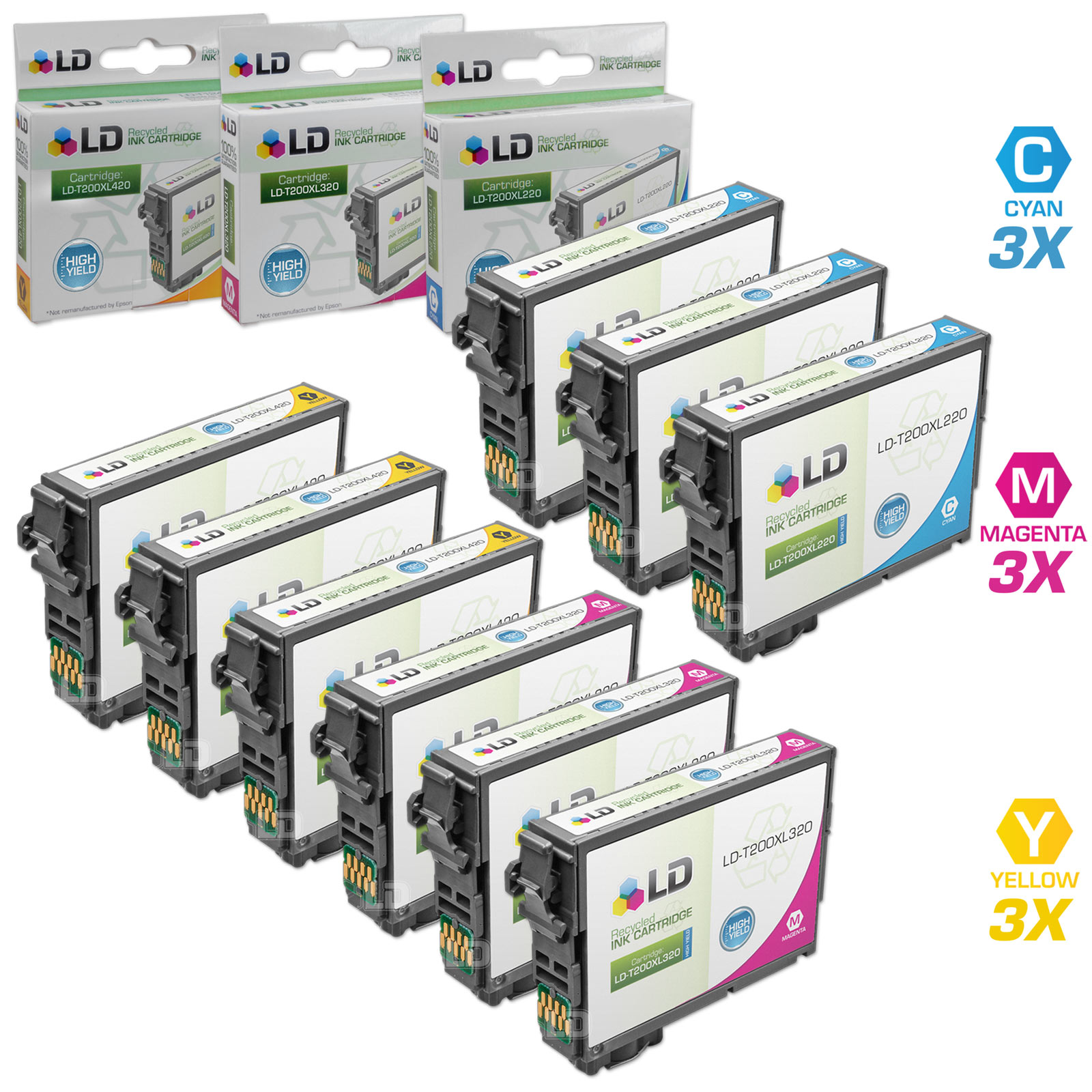 Remanufactured Replacement for Epson 200XL High Yie Cartridges: 3 T200XL220 Cyan  3 T200XL320 Magenta  3 T200XL420 Yellow for XP-200  WF-2520  WF-2540