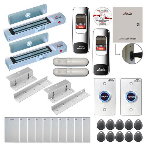 FPC-7681 Two Doors Access Control Electromagnetic Lock for Inswinging Door 300lbs TCP/IP Wiegand Controller Box  Indoor + Outdoor Fingerprint/Card Rea