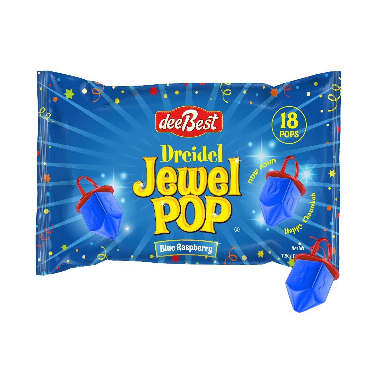 Dee Best Hanukkah Dreidel Jewel Pop Ring Shape Candy - Blue Raspberry 18 Count Individually Wrapped - Great Hanukkah Party Decoration