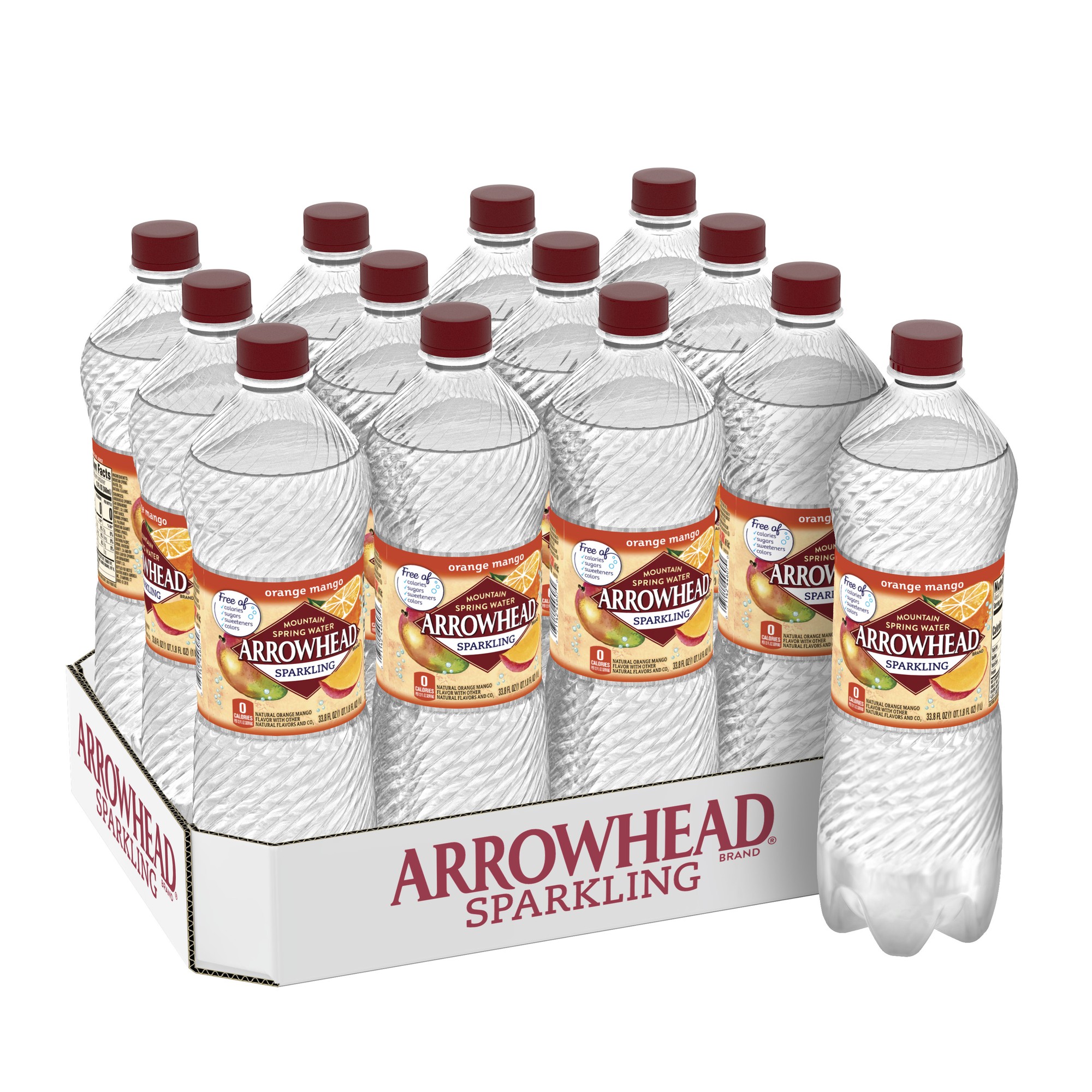 Arrowhead Sparkling Water, Orange Mango, 33.8 Oz Plastic Bottles (12 Count)