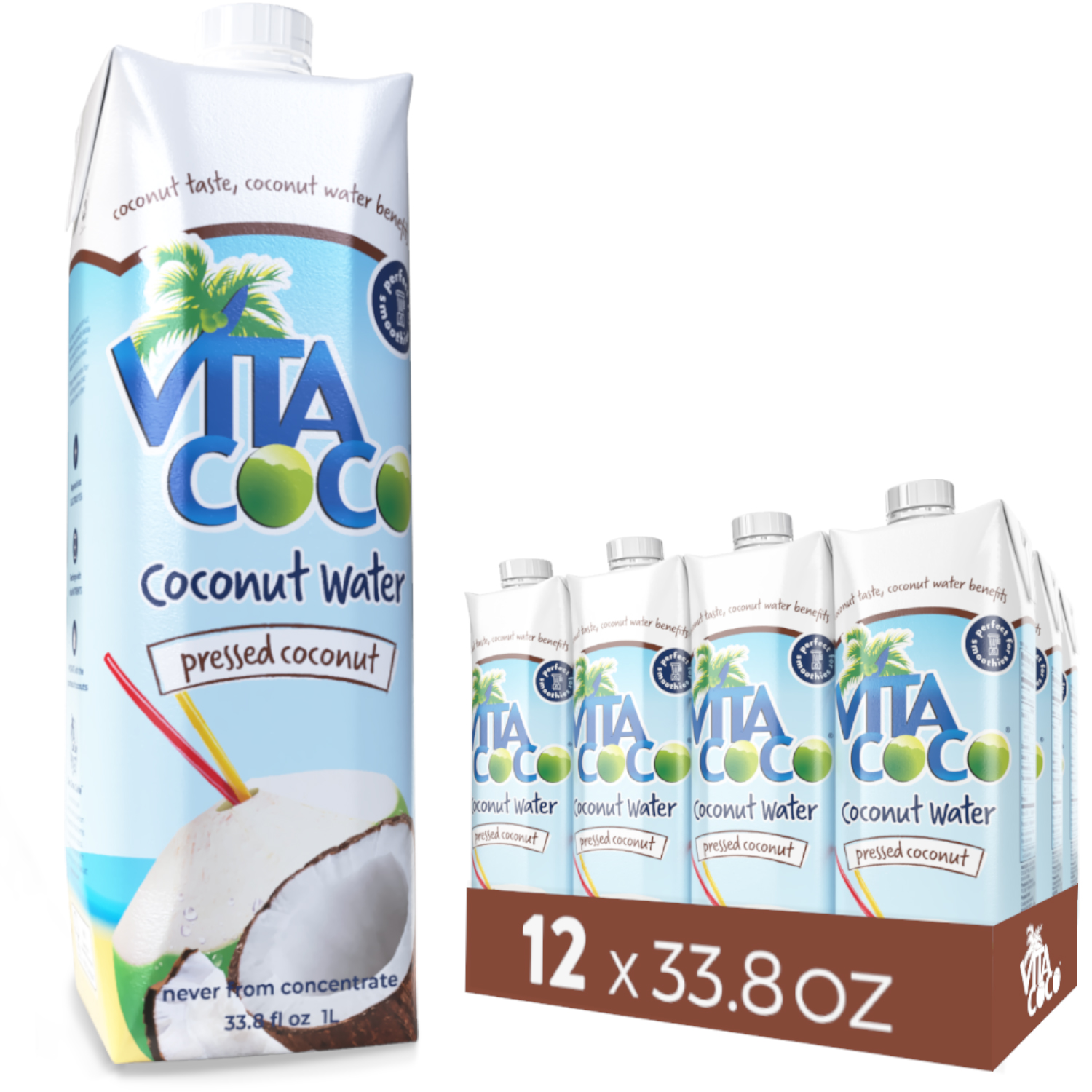 Vita Coco Pressed Coconut Water, Pressed Coconut, 33.8 Fl Oz Tetra (Pack of 12)