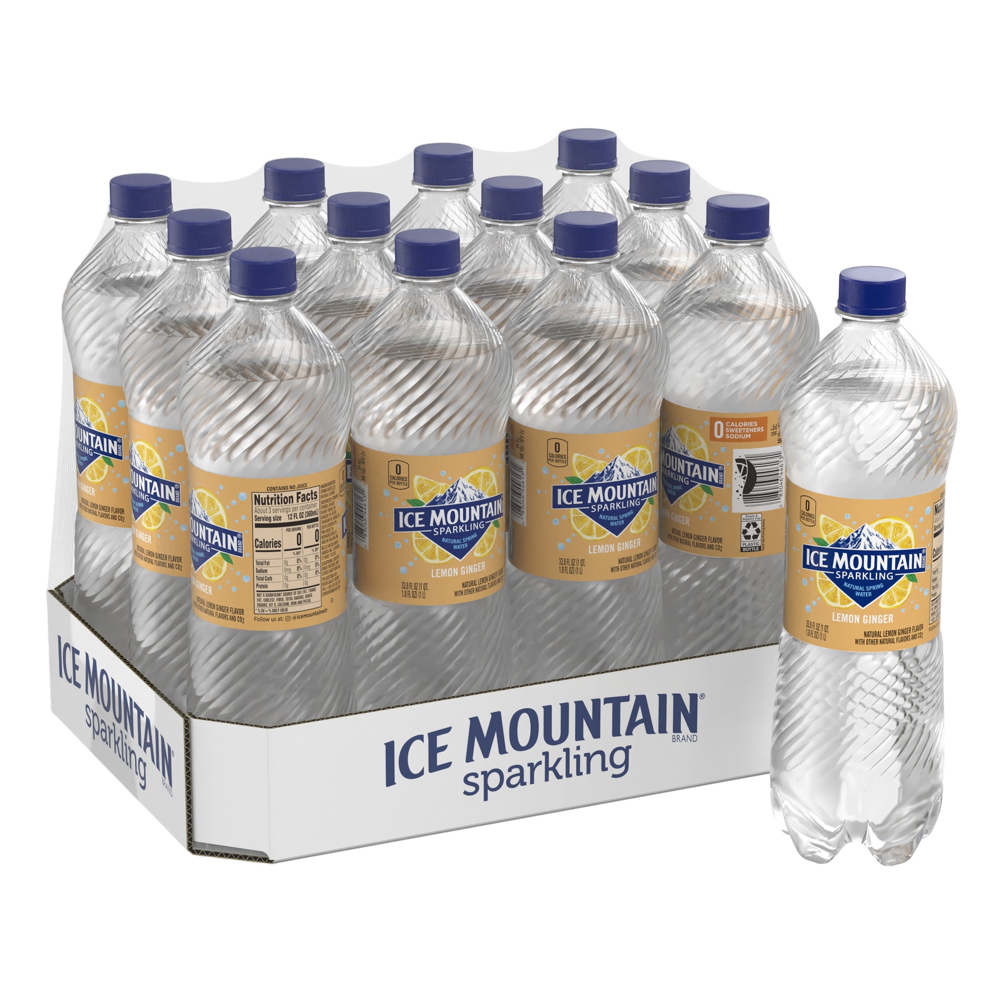 Ice Mountain Sparkling Water, Lemon Ginger, 33.8 Oz. Plastic Bottles (12 Count)