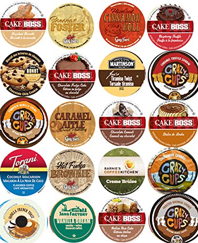 20 Cup NEW! Delicious DESSERT Inspired Flavored Coffee Sampler! Chocolate Fudge Cake, Peanut Butter Banana Cream Pie, Cinnamon Roll ++ YUMMY! 20 UNIQU
