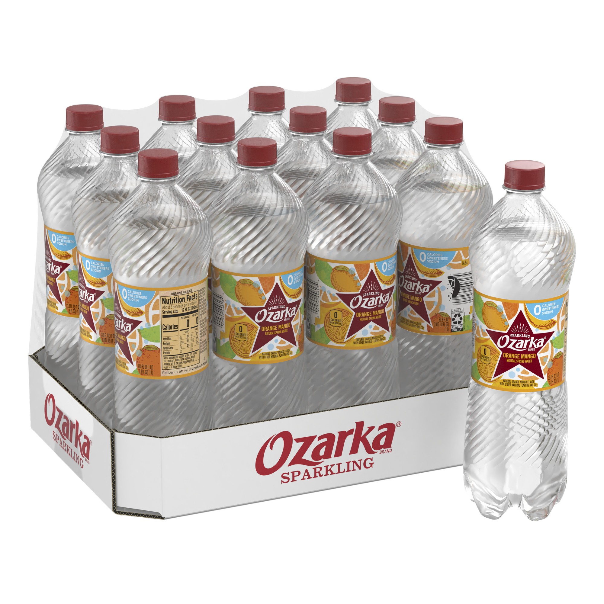 Ozarka Sparkling Water, Orange Mango, 33.8 Oz. Plastic Bottles (12 Count)