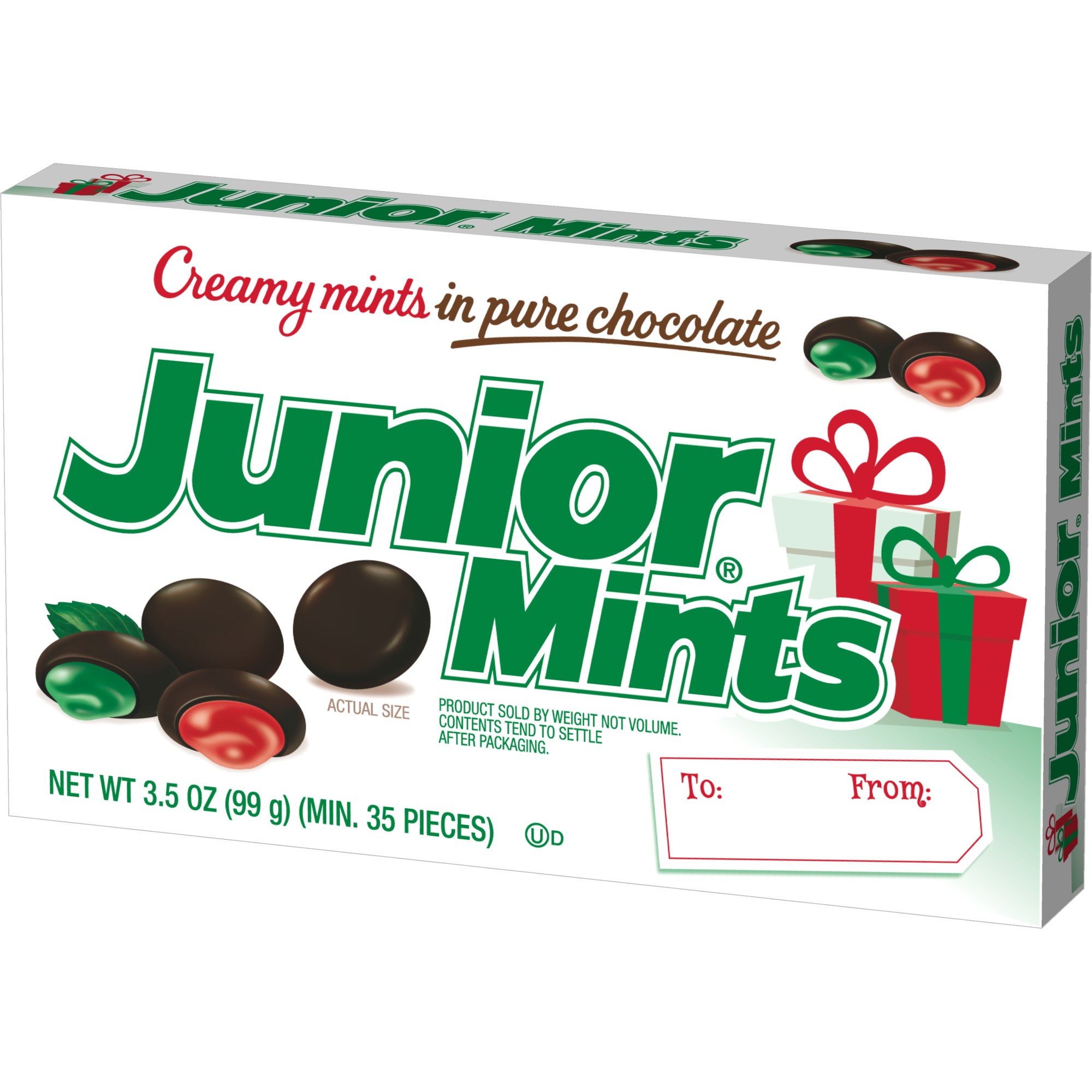 Junior Mints  Dark Chocolate Covered Red & Green Holiday Mints Box  3.5 Oz. Peanut Free  Gluten Free. Egg and Milk May Be Present