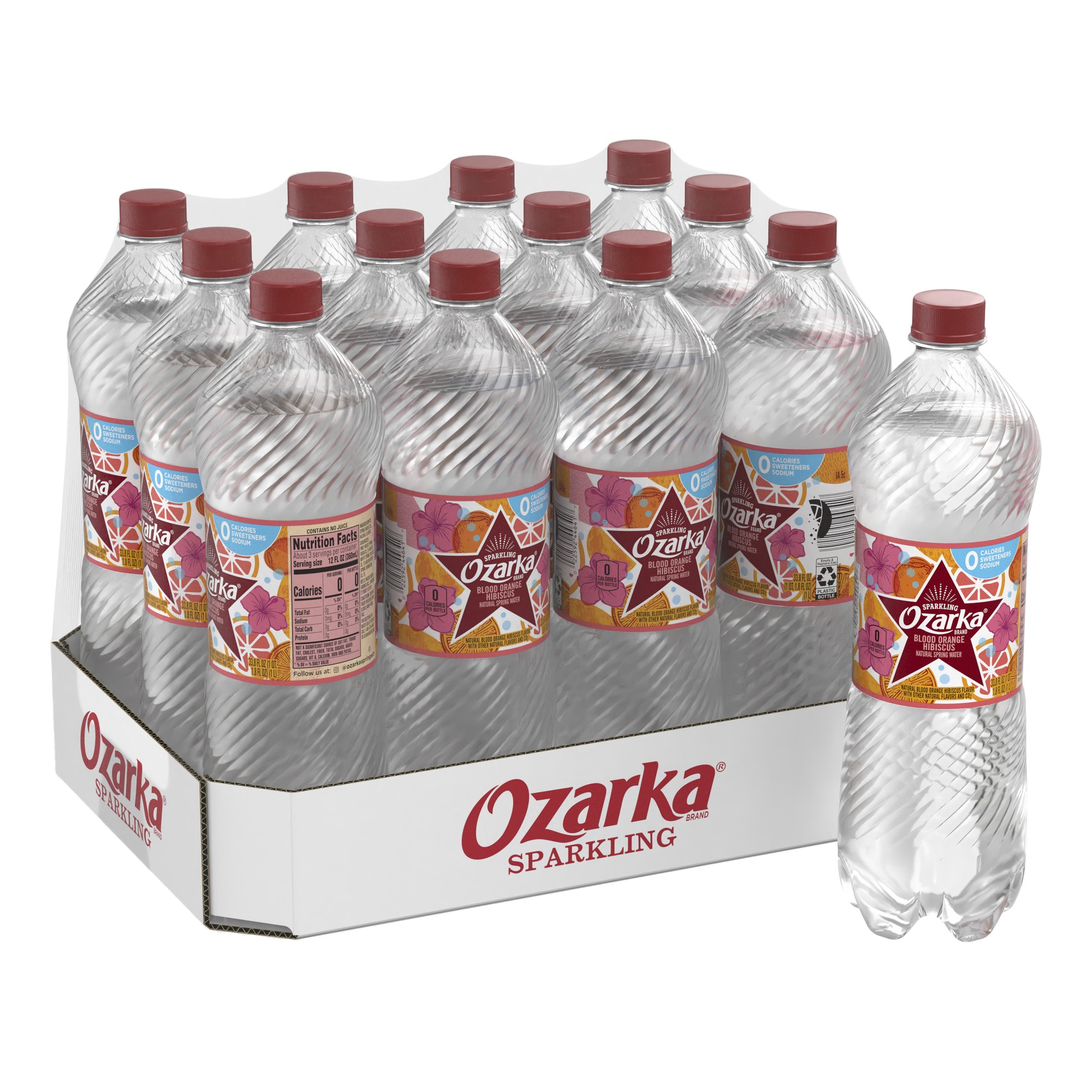 Ozarka Sparkling Water, Blood Orange Hibiscus, 33.8 Oz. Plastic Bottles (12 Count)