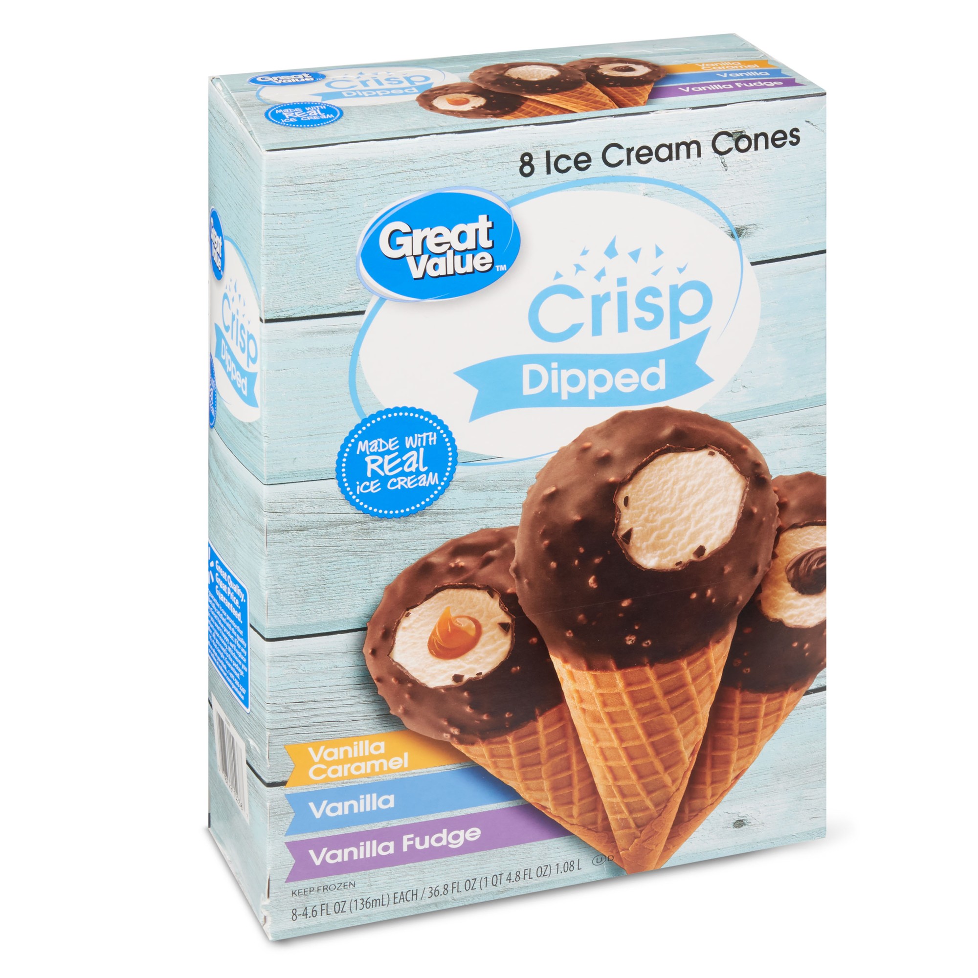 Great Value Crisp Dipped Variety Pack Vanilla Caramel, Vanilla, Vanilla Fudge, 4.6 fl oz, 8 Count