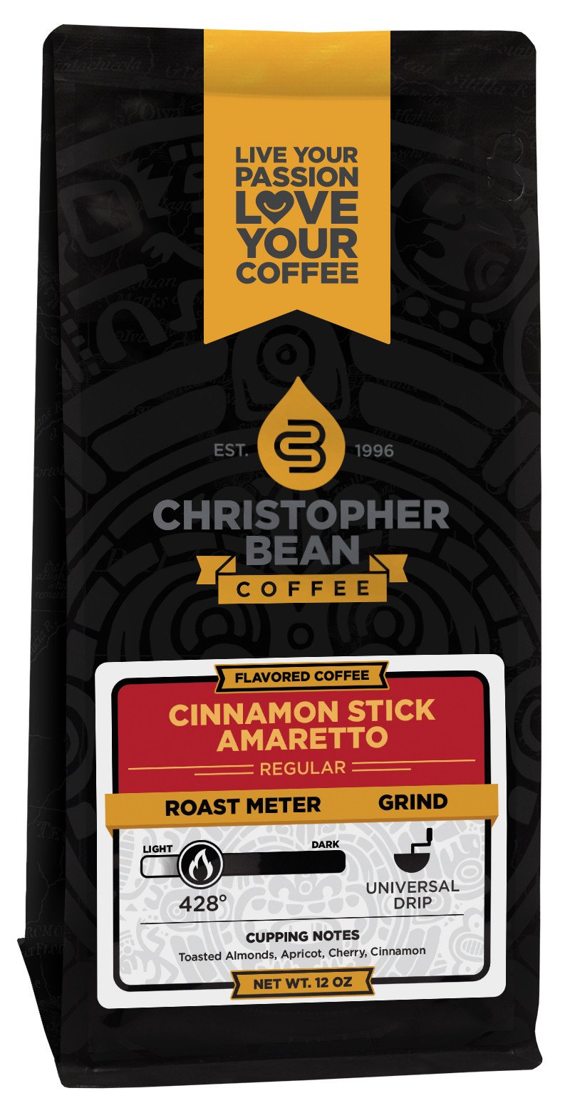 Amaretto Cinnamon Stick Flavored Coffee  (Regular Ground) 100% Arabica  No Sugar  No Fats  Made with Non-GMO Flavorings  12-Ounce Bag of Regular Groun