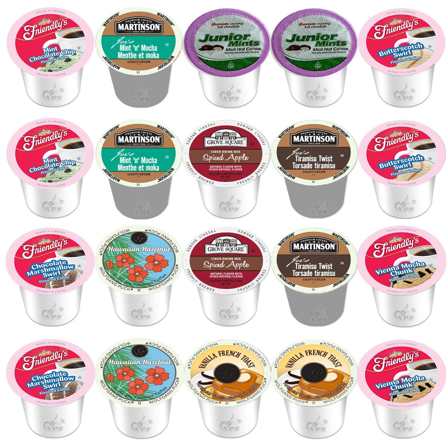 20 Count Variety Flavored Coffee K Cups Including Mint Chocolate Chip, Butterscotch, Vienna Mocha Fudge, Junior Mints, Tiramisu, Spiced Apple Cider an