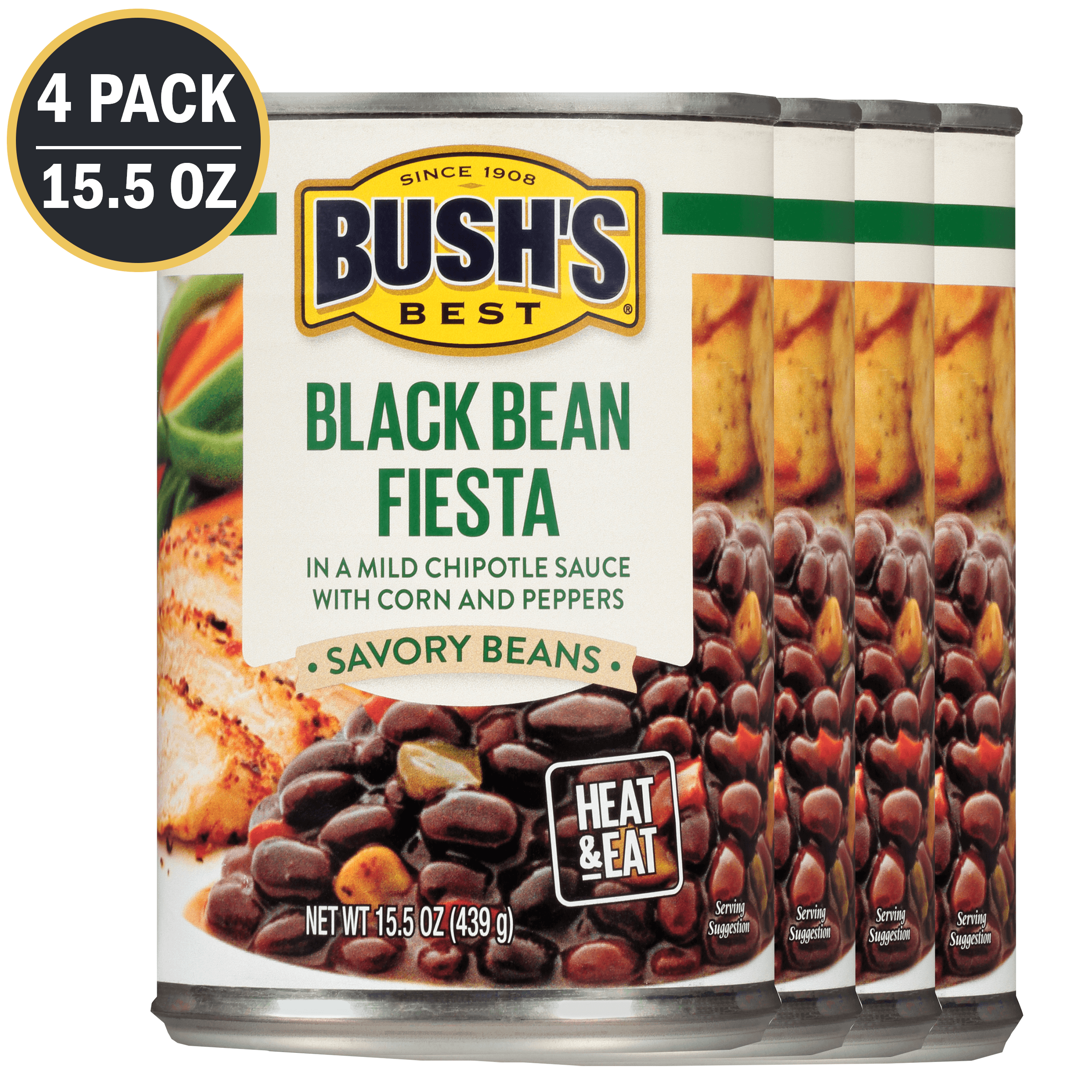 (4 Pack) BUSHS Savory Beans Black Bean Fiesta in Mild Chipotle Sauce, 15.5 Oz