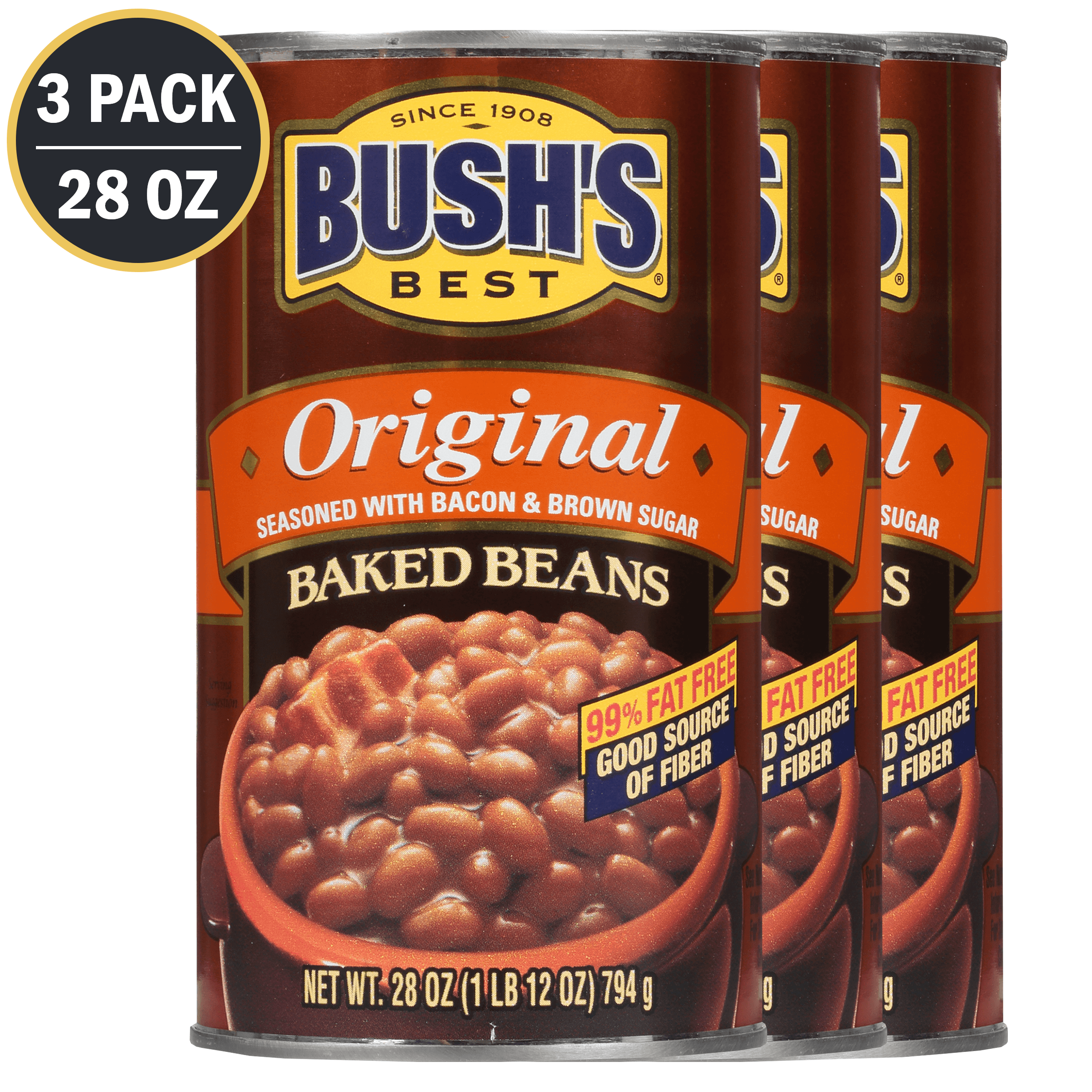 (3 Pack) BUSHS Original Baked Beans with Bacon & Brown Sugar, Canned Beans, 28 Oz